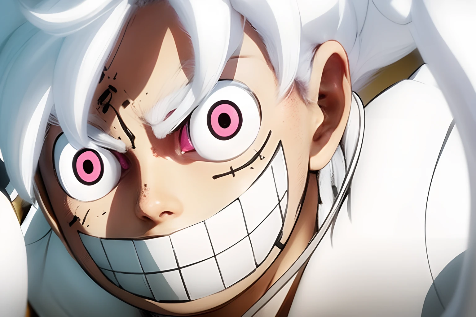 White hair, white t-shirt, pink eyes