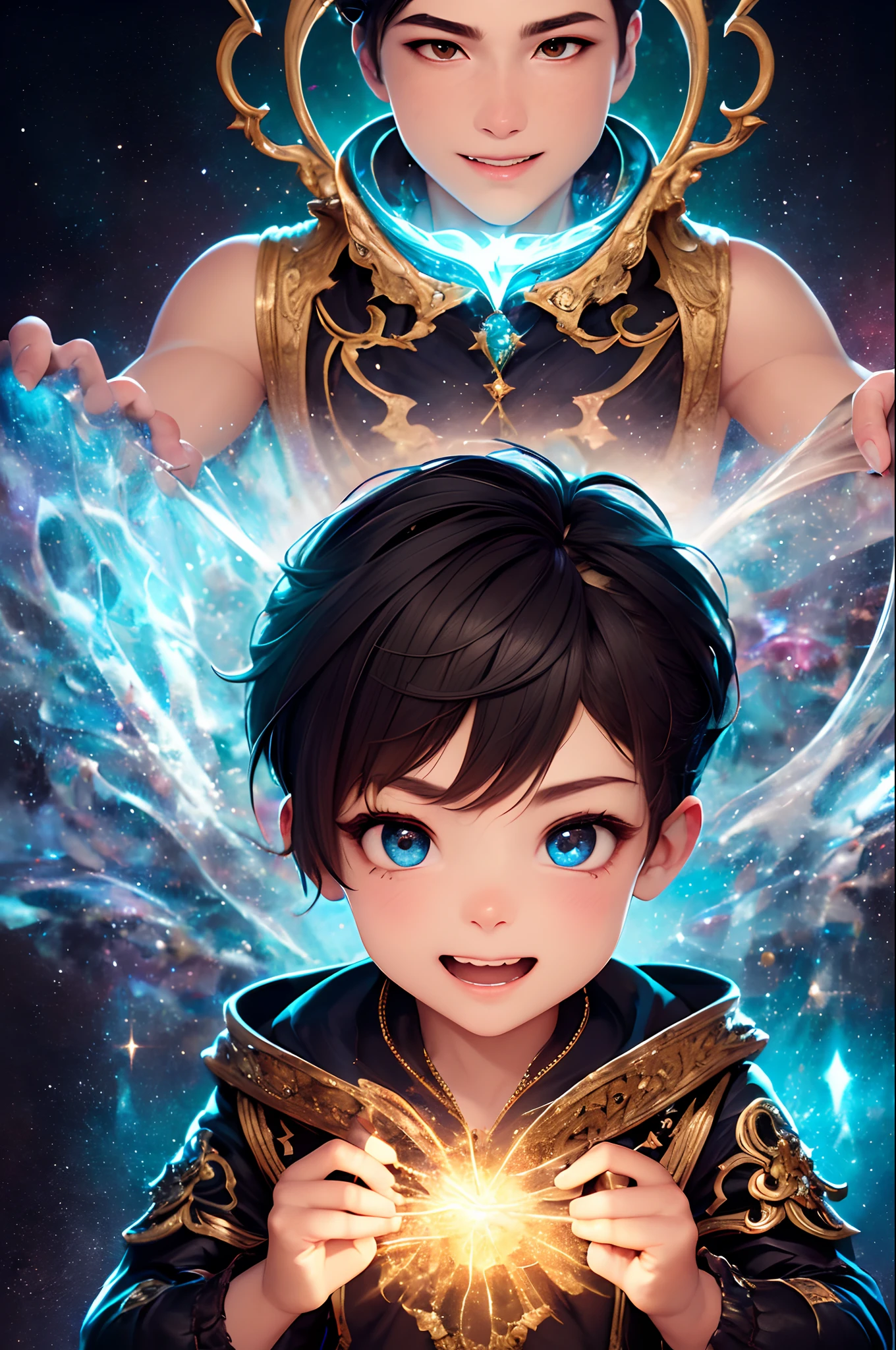 Capture a cheerful 3-year-old boy and girl and 5 year old brother , Facing the camera, adornado em traje de bruxo, and showing off his magical abilities. The boy's face is lit up with an exciting smile as he manipulates the magic with confidence. Multicolored magical lightning and sparks emanate from his tiny hands,cyberpunk, Creating an impressive display of colors and lights.The lights and magical effects reflect on the boy's innocent face, increasing the sense of wonder and enchantment. His eyes sparkle with excitement and curiosity as he revels in the magic he's conjuring.Behind him, A universe begins to take shape, with mystical portals, Planetas, e estrelas. This magical universe adds depth and cosmic wonder to the scene, further emphasizing the boy's magical abilities;;.The scene is well lit to highlight the boy's magical expressions and effects. The background should have a significant blur to put the focus directly on the boy and his magical performance. A imagem deve ser hiper-detalhada e hiper-realista, capturing every nuance of the boy's expression and the magic he is creating.Render the image in an impressive 8K resolution to ensure that every detail, From the boy's costume to the cosmic universe, is brought to life with exceptional clarity.This scene perfectly blends the innocence and wonder of childhood with the magic of a fantastic world, Creating a visually immersive and exciting experience.