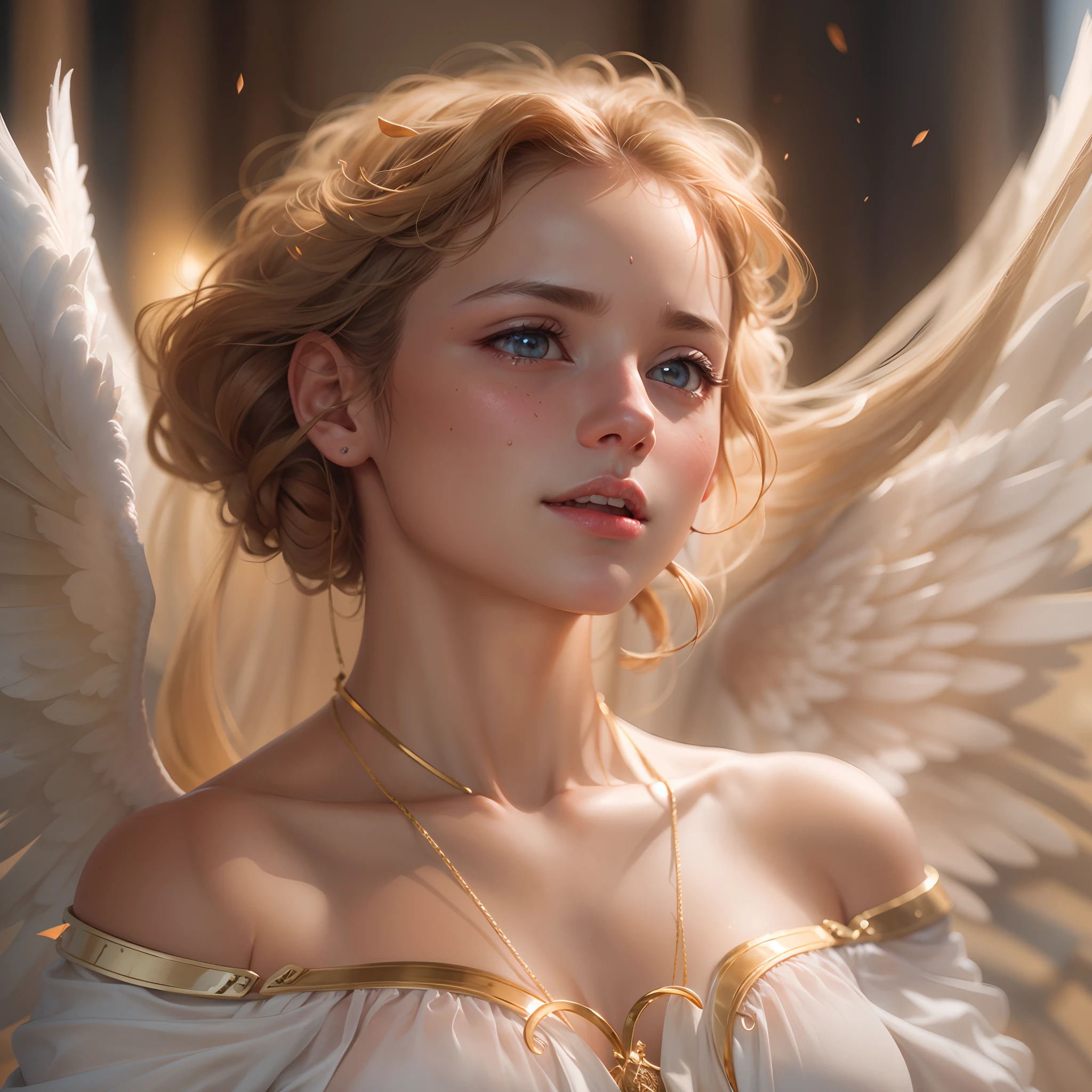 masterpiece, top quality, 8K, real person, realistic, very dense CG, shiny skin, fully focused, heaven, divine glory, radiant, angel, blessing, happiness,