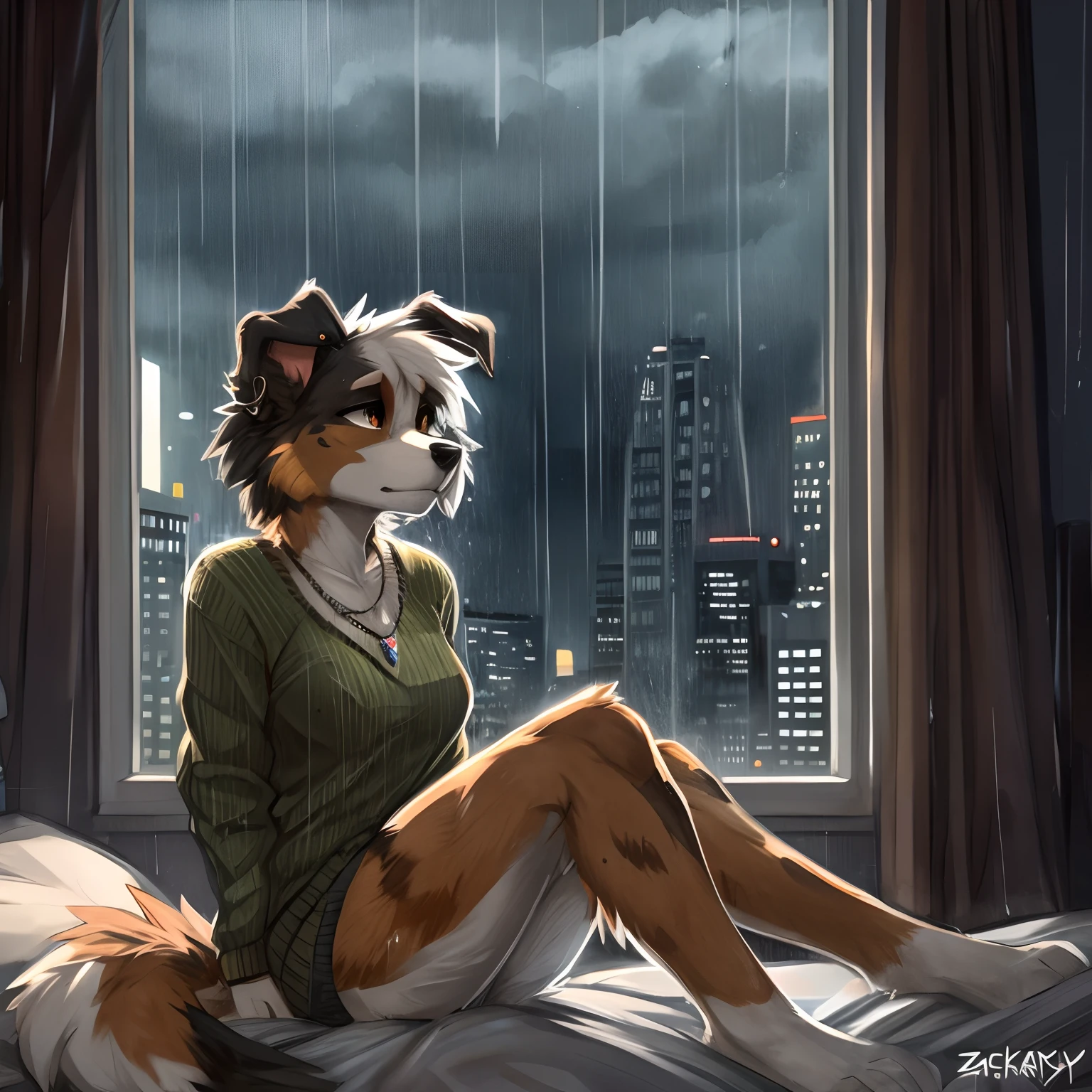 By Zackary911, Zackary911, cute anthro, canine, Australian shepherd, brown iris, ear piercing, necklace, olive sweater, sad expression, heavy eyes, perfect portrait, detailed background, sitting in bed, modern bedroom, next to window, city buildings in the background, cloudy sky, raining, rain hitting the window, cinematic lighting,