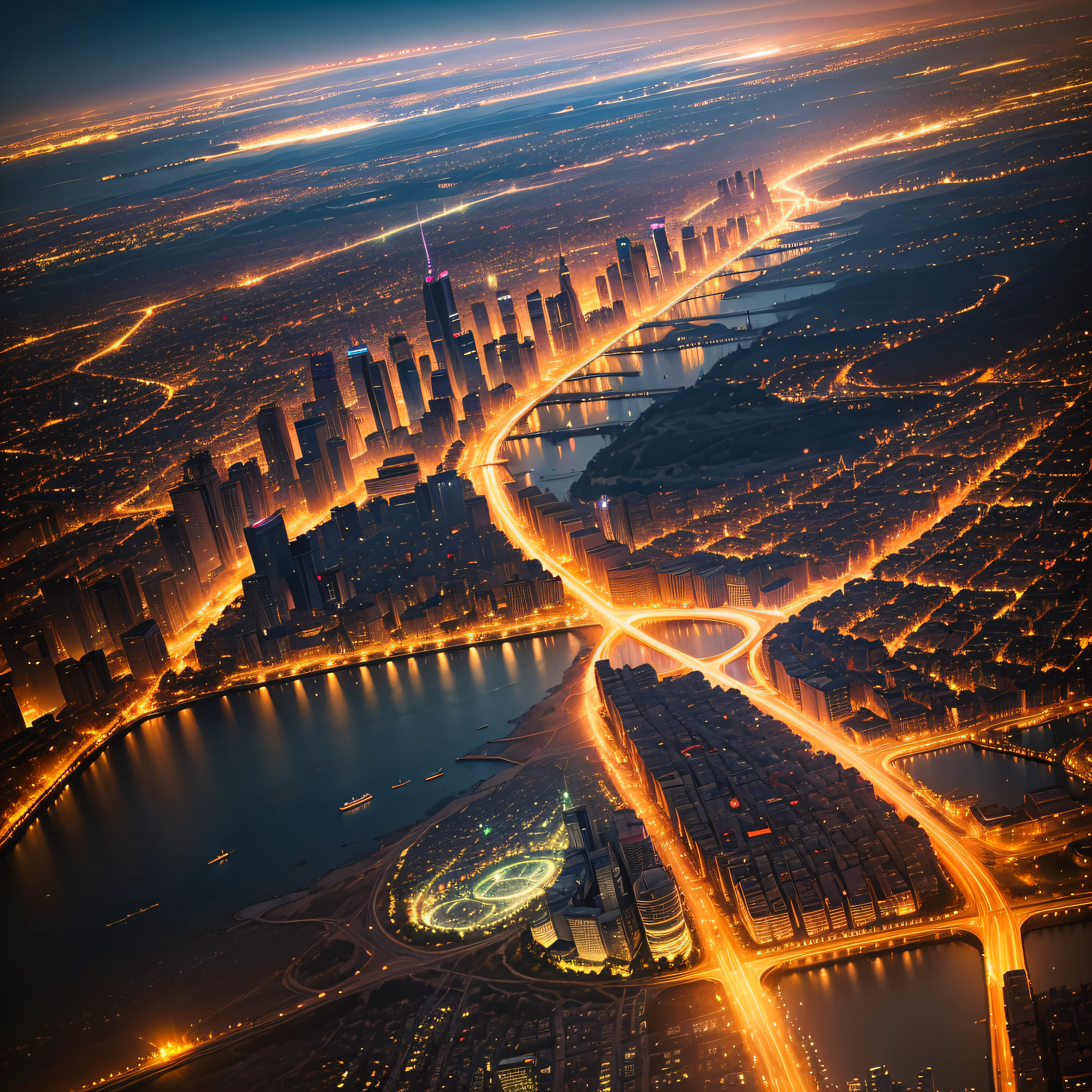 Aerial Views of City Lights:
A bird's-eye view of a city aglow with lights during the night.