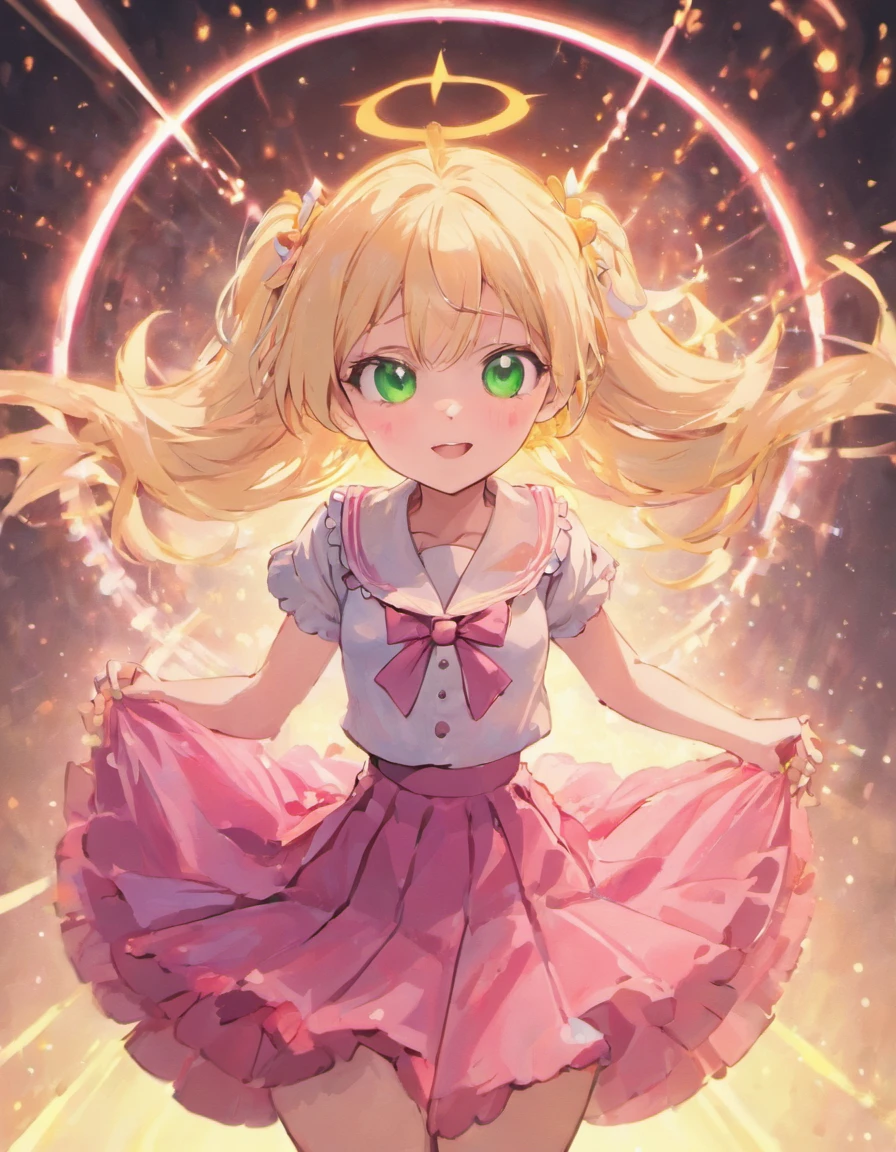 magical girl, blonde hair, long hair, green eyes, big eyes, pink skirt, white shirt, smile face