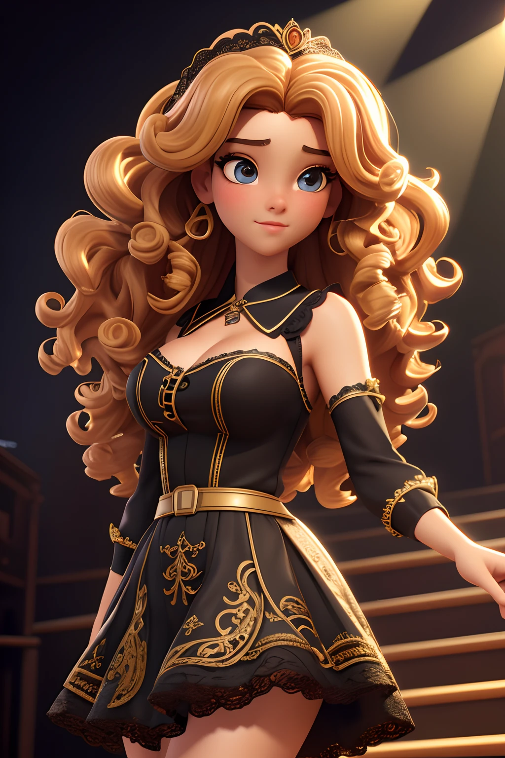 （Masterpiece),((high high quality )),(best beautiful:1.2),(artwork of a),((3D stereoscopic)),8K,(Disney),A girl with a beautiful face,Yellow curly hair,faint blush,Wearing a black lace top,standing on a stage,Her eyes were focused into the distance,Microphone in hand,A singer,The background is blurry and mysterious,Sunlight penetration,Enchanted expression,artistic design,Three-dimensional,Cute big breasts,