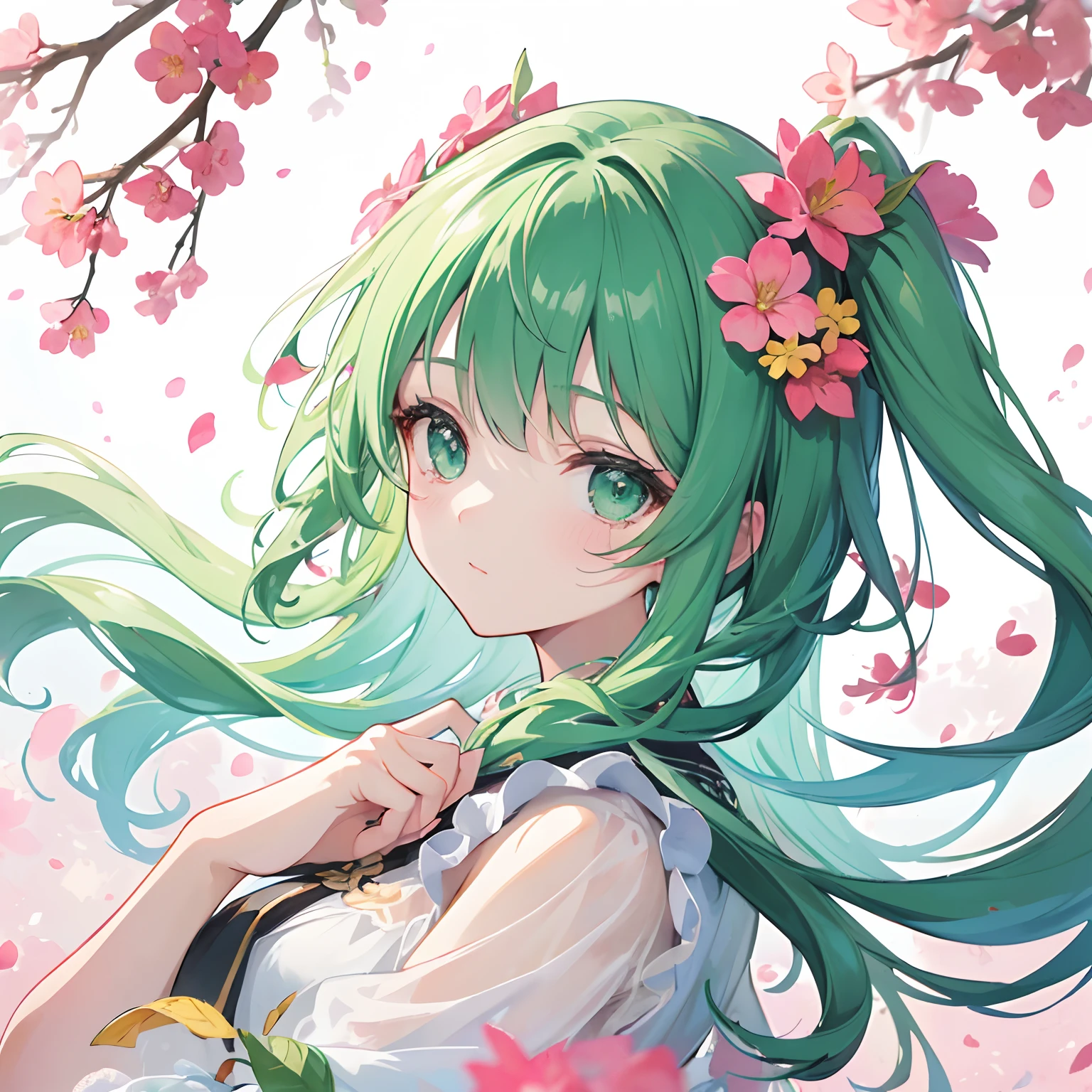(best quality, T-masterpiece:1.2), watercolor painting, splash ink, beautiful detailed portrait of 1 girl, playful and cute, background: floating leaves and petals, combination of white, green, and pink colors