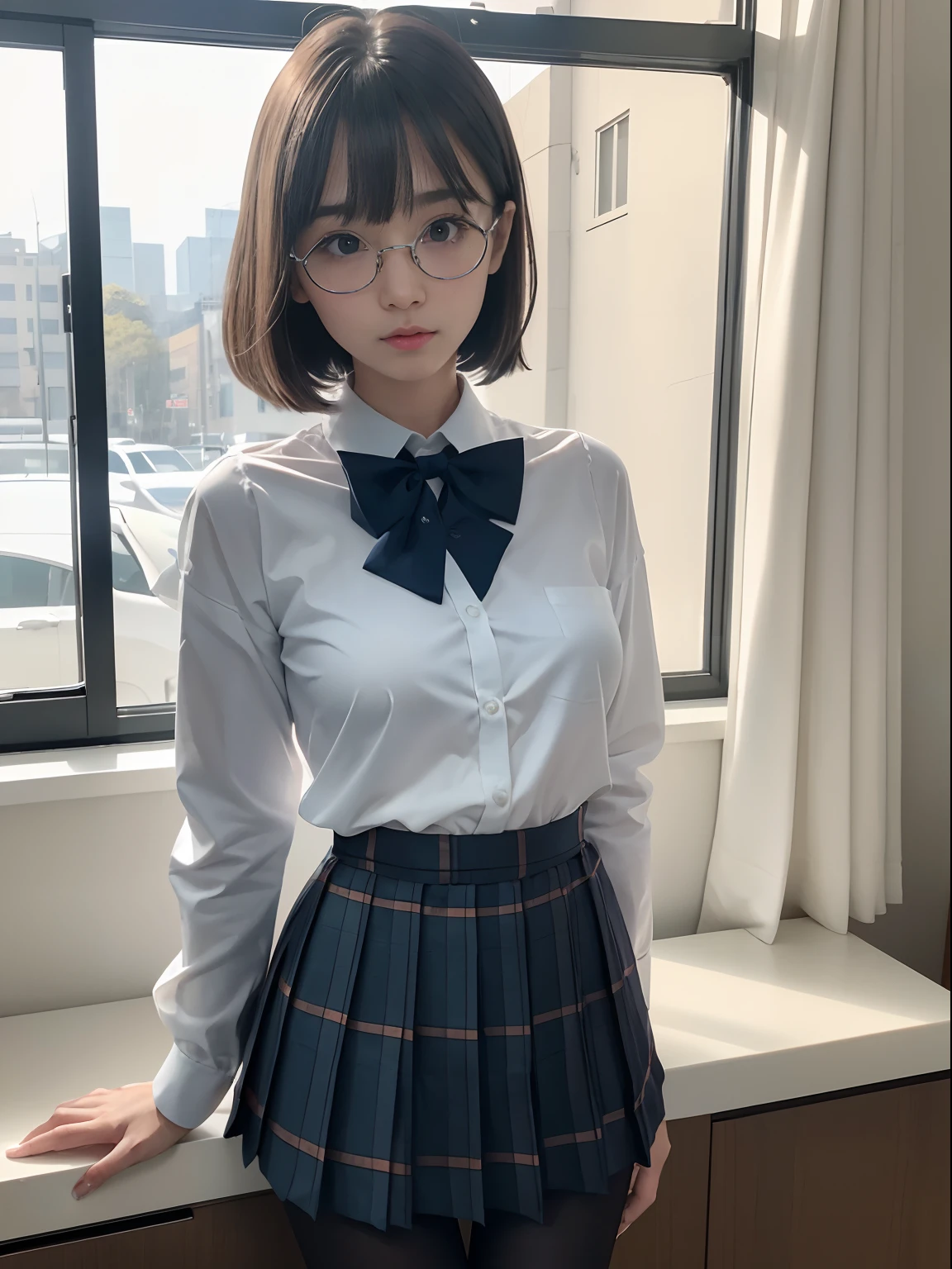 (I can see my underwear)、((細いeye))、((細いeye))、((細いeye))、(8K、生photographgraphy、highest quality、masterpiece：1.2),、small、(flat chest)、(flat chest)、(flat chest)、(flat chest)、(flat chest)、(Are thin)、Fair skin、Whitening、dark look、skinny,sex appeal,Fair skin肌,Saucy,School,looking at the viewer,looking straight ahead,Plump,high-pitched clothes,erotic,students,white skin,knees,((black pantyhose)),disorganized,(small face),(small face),I can see the forehead,Bangs hanging from the left and right sides of the forehead,(cold look,eyeがきつめ,glare,bullish,anger)、masterpiece,highest quality、ultra high resolution,生photograph,beautiful,beautiful,There is only one person, solo,Glasses,,dark look,small breasts same,full body,(まるGlasses),JK uniform,high school girl,japanese woman, （photorealistic：1.37）、photon mapping,Reality、beautiful woman,cute baby face,ブラウンeye、black socks、(red bow tie)、radio city、Physically based rendering、depth of field rally background、photograph,body,beautiful feet, long legs, thin legs,(I can see my bangs), Hairy pubic area, lips, blue_eye, nose soft,(light blue dress shirt), (Navy, blue and white plaid pleated skirt), kneesが見える,transparent clothing,, Peaches, black cotton socks,Nogizaka Idol, , japanese idol