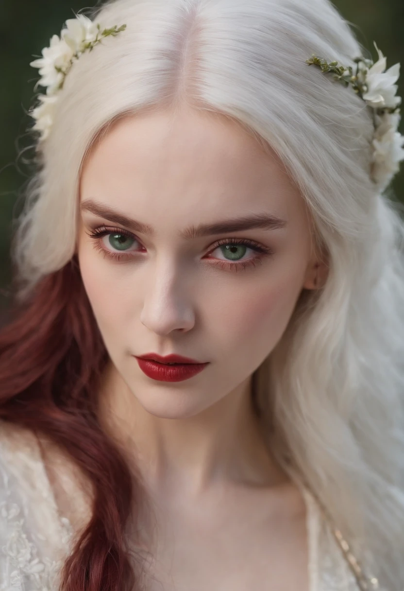 (((a deep reddish wound crosses her left cheek))) fair complexion, woman around 19 years old, natural white hair, distinctive green eyes, wearing kohl, slender and graceful, beautiful, candlelight in a medieval setting, ultra sharp focus, realistic shot, medieval female clothes, tetradic colors (scar:1.4)