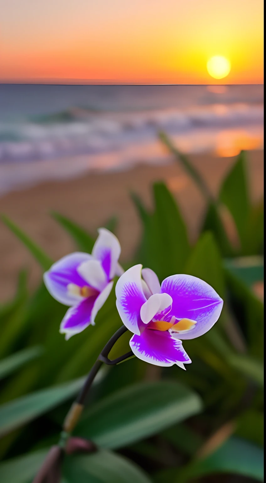 a closeup of a, orchid flower, Background - a magnificent sunset by the sea, True texture, Warm