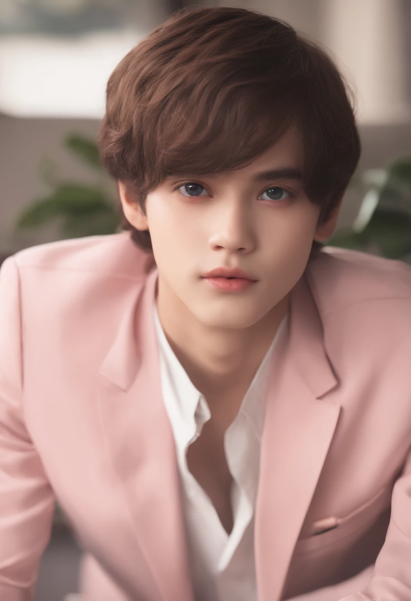 One boy, cute face,dark brown bob cut,pale pink eyes,blazer,wearing tie,crying,white skin,sitting on the bed,wariza,upward glance,high quality