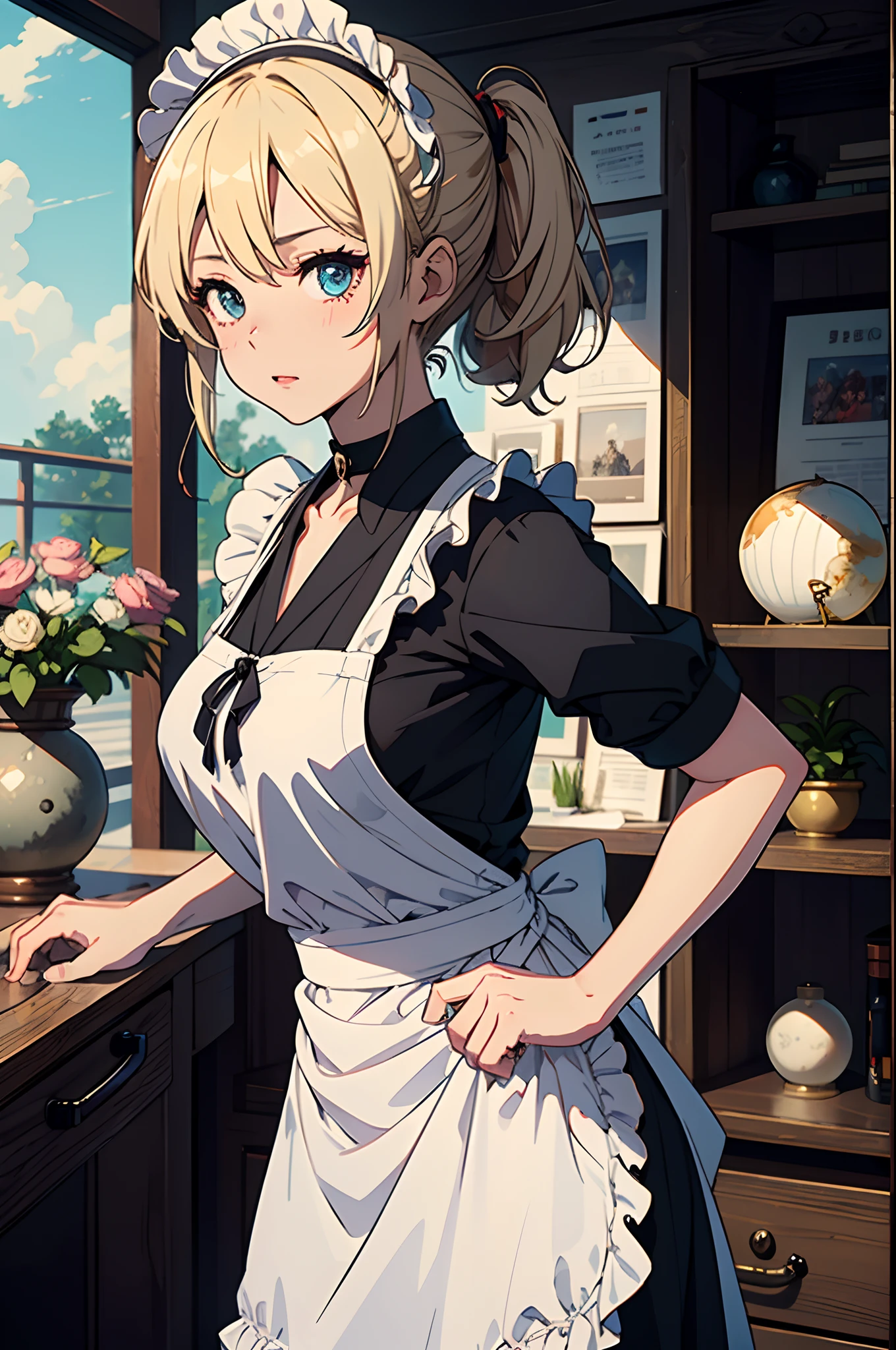 Background with:A room of the Western nobility(wide々and study、bookcase、Large desk lined with historical Western antiques、Big old clock、Large houseplants、astronomical telescope、antique、Old brown globe、Stuffed deer head)。Curvaceous but slender、Fantastic hair color、ornament detached、White Maid Sailor、Separate Wear、apron、frilld、a sailor suit、maid clothes、Niso、accessorized、shairband、Muchimuchi Body、well-muscled、mole、hair adornments、shairband、Hats、Distinctive charm points、Eyebrows、Sareme、poneyTail、Muscular nose、red blush、offensive、one eye covered、sadist、Grab a weapon(katanas、Japanese Katana Sword、shotgun、spear、short knife)、plump lips、Engaging pose、Physical beauty、Black Choker、disheveled hair、Unique fashion、Depiction in motion、Healing space、soft sunlight、Combining Light and Shadow、(top-quality、hight resolution、8k、masterpiece:1.2)。complex details beautiful and delicate eyes, Smooth Anime CG Art, Detailed Digital Anime Art, official artwork, pixiv style, Detailed anime artwork, artbook artwork, Seductive Anime Girl。