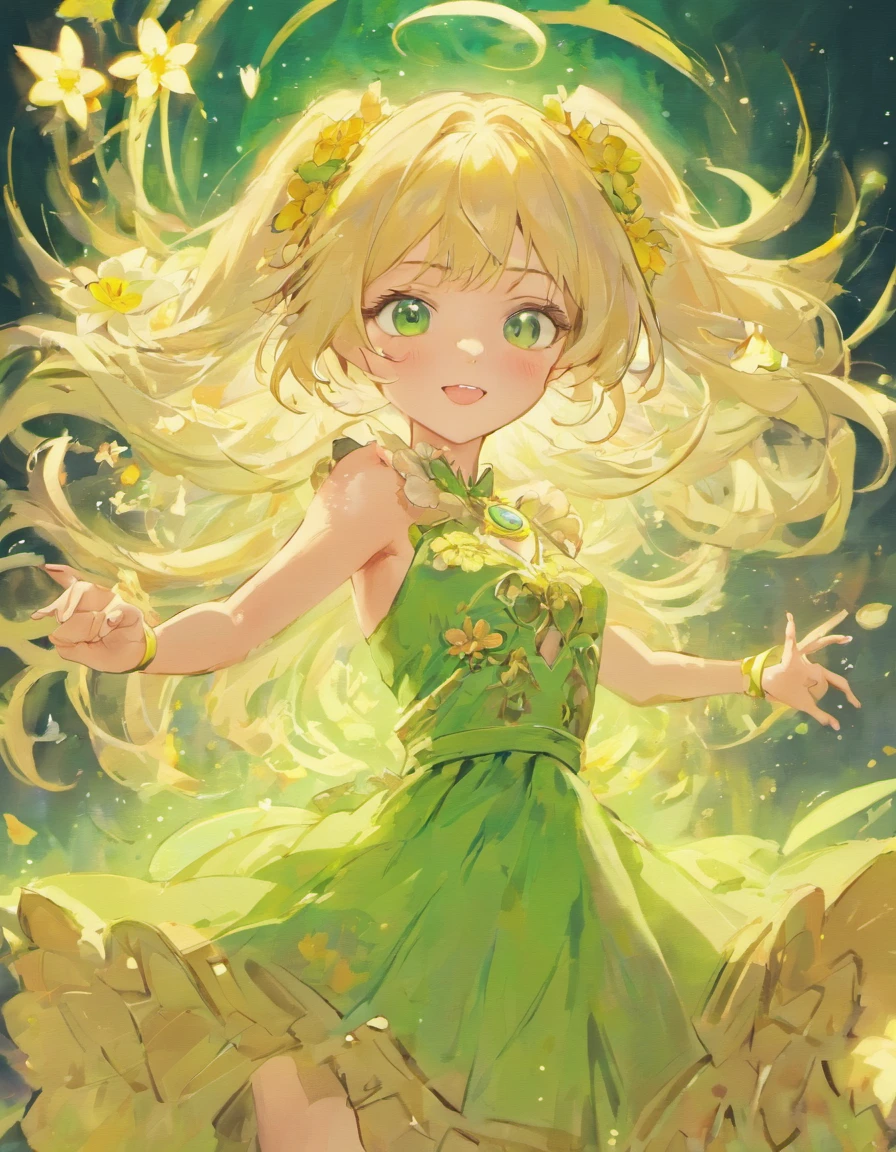 magical girl, blonde hair, long hair, green eyes, big eyes, pink dress, smile face, flowers