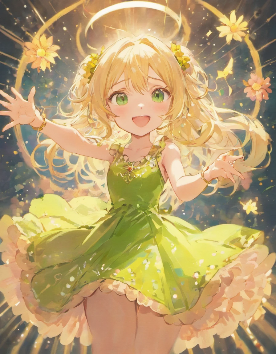 Anime girl sitting in chair，Wearing a green dress and black shoes, cute anime waifu in a nice dress, tatsumaki, loli in dress, rin, trending on artstation pixiv, digital art on pixiv, zerochan art, marin kitagawa fanart, guweiz on pixiv artstation, made with anime painter studio, Anime style 4 K