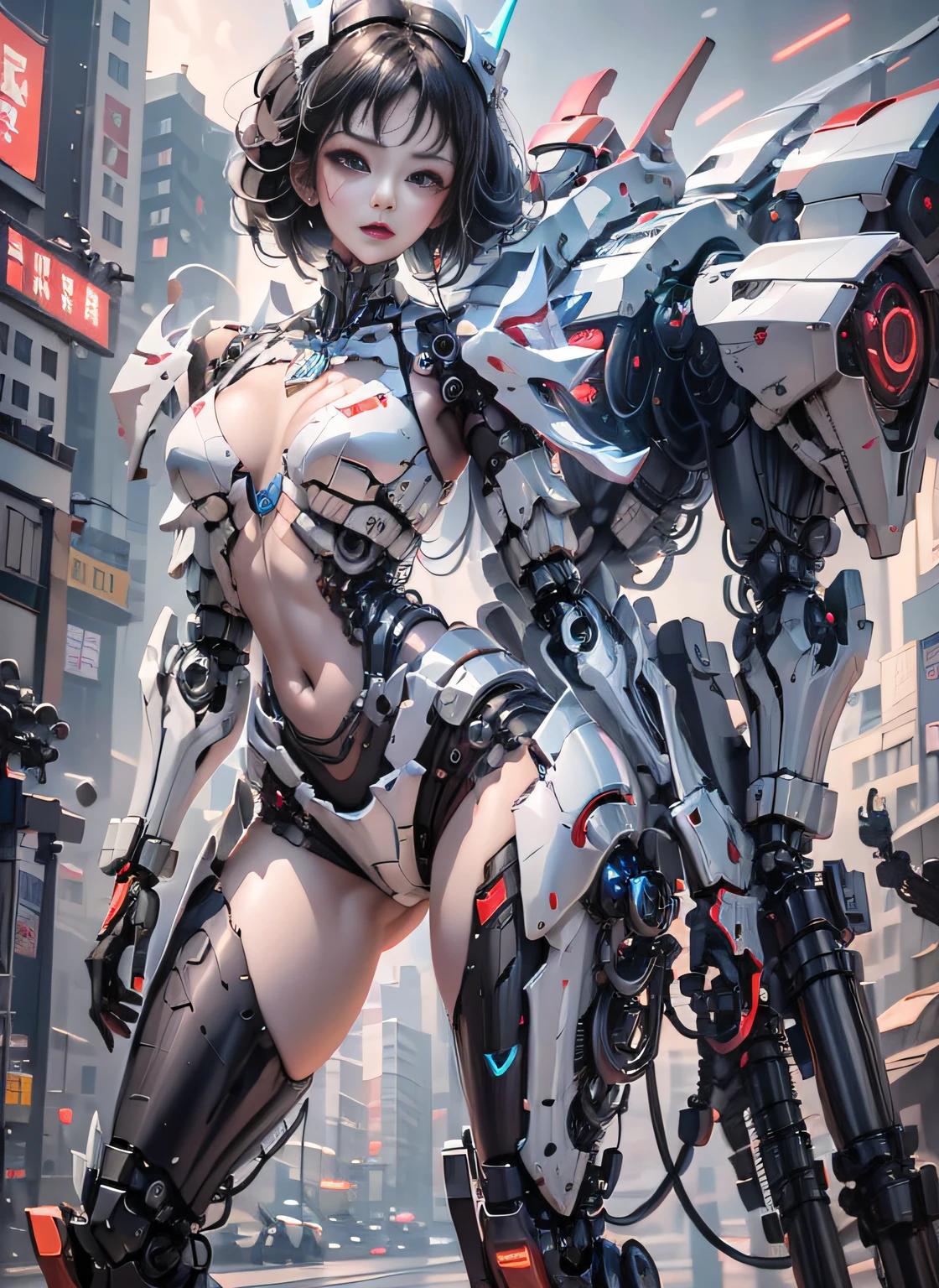 (highly detailed:1.5), (8k), futuristic mecha girl on the cover of a neon-lit science fiction magazine, style (cyberpunk:1.3), wearing an elegant battle suit with bright details, posing sensually, (bold typography:1.2), dynamic composition, vibrant colors, (Akira style:1.1), (inspired by Hajime Sorayama:1.2), full body, details in red, yellow, blue, white, combat position, detailed bikini, futuristic detailed kaneda bike,