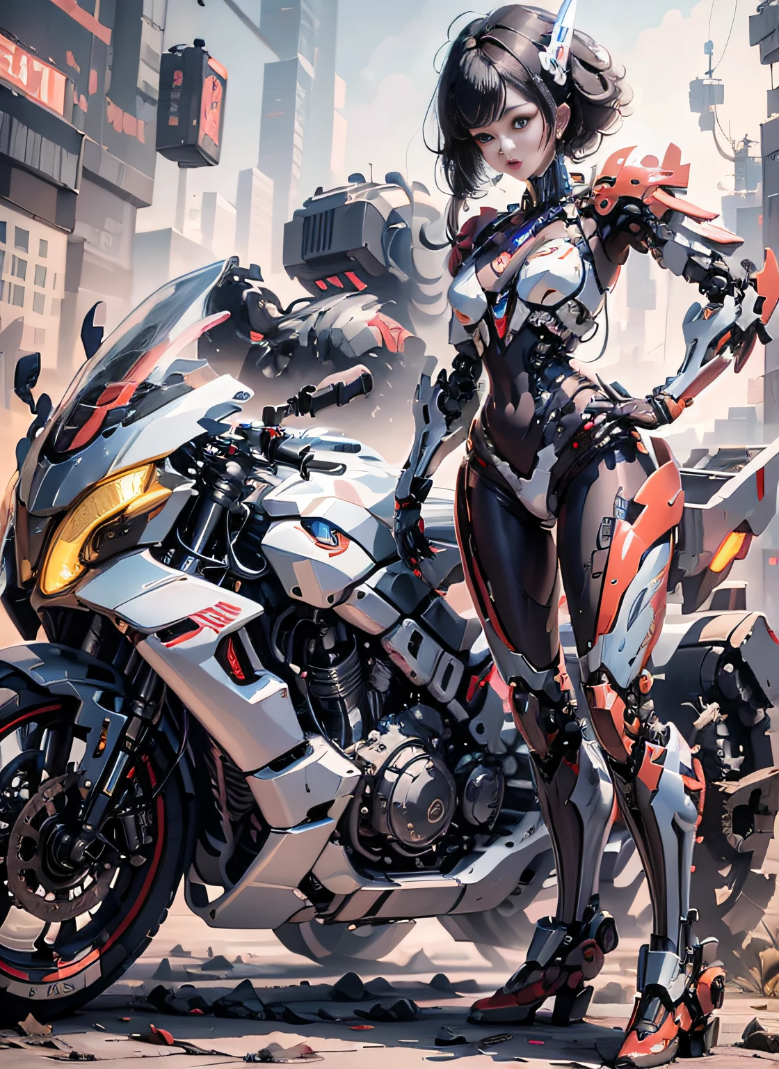 (Female cyborg on a bike)(((8K.HDR.Hyperrealism、Masterpiece 1.2、wlop1、Cinematic、Further content、Live Photo 1.2、Highest quality 1.2、Ultra high definition、Very detailed、Perfect Shading、Face close-up 1.2、1 photo、Commercial Photo 1.2、50mm、Film Grain、sf)))、(((Cyborg riding a red bike、))(Mechanical joints:1.2)、((Mechanical Limbs))、(Blood vessels connected to tubes)、(Mechanical vertebrae attached to the back),((Mechanically connects the cervical spine to the neck),No facial expression,(Wires and cables attached to the neck:1.2)、(Head wires and cables:1.2)、(Focus on the characters)、(Rider Suit、Buildings at night、Buildings at night、Impressive night view、Cyberpunk World、Riding on motorcycle、Riding on motorcycle)、、(Focus on the characters、Angle from the side)、(White skin、Blonde、short hair、No bangs)