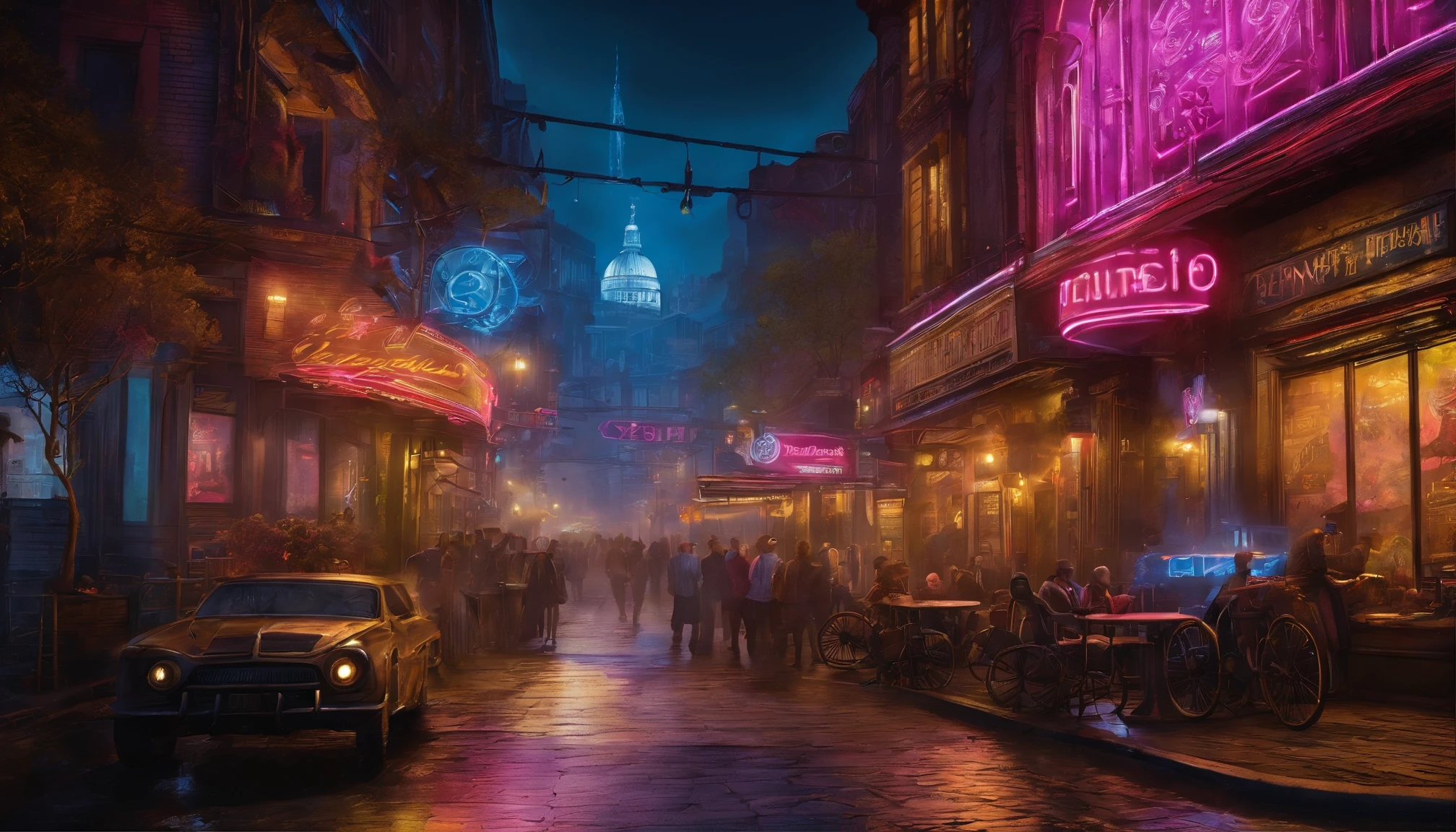 (masterpiece、4K、ultra-realistic:1.2)、illustration、(realistic:1)、(Photorealistic:1)、(streetside cafe scene with tables and chairs on sidewalk),((Magnificent bronze cyberpunk-steampunk UFO in the sky:1.5)), ((futuristic bronze colored steampunk-style hypercar in street)), ((rickshaws in street)), panorama、a、((fish-eye lens:1.2))、 (Steampunk Cyberpunk Cityscape)、(midnight、cyberpunk, asphalt、graffiti art、Reflectors、Shops、roadside kiosk、Walkway、a street、police officers、taxis)、(Skyscraper、Foggy:1.4)、 ((pedestrians、Large crowds on street))、 (((neon signs、Blue Neon、Pink neon、Yellow neon:1.4))), rain puddles on street reflecting lights, (streaks of neon light), John William Waterhouse style.