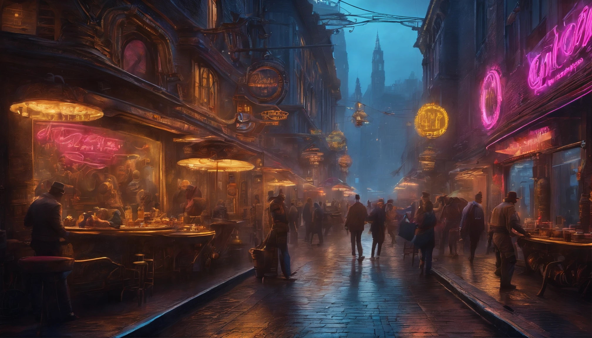 (masterpiece、4K、ultra-realistic:1.2)、illustration、(realistic:1)、(Photorealistic:1)、(streetside cafe scene with tables and chairs on sidewalk),((Magnificent bronze cyberpunk-steampunk UFO in the sky:1.5)), ((futuristic bronze colored steampunk-style hypercar in street)), ((rickshaws in street)), panorama、a、((fish-eye lens:1.2))、 (Steampunk Cyberpunk Cityscape)、(midnight、cyberpunk, asphalt、graffiti art、Reflectors、Shops、roadside kiosk、Walkway、a street、police officers、taxis)、(Skyscraper、Foggy:1.4)、 ((pedestrians、Large crowds on street))、 (((neon signs、Blue Neon、Pink neon、Yellow neon:1.4))), rain puddles on street reflecting lights, (streaks of neon light), John William Waterhouse style.