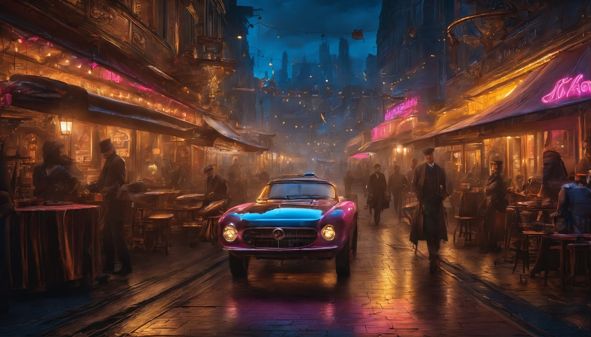 (​masterpiece、4K、ultra-realistic:1.2)、illustration、(realistic:1)、(Photorealistic:1)、(streetside cafe scene with tables and chairs on sidewalk),（(Magnificent bronze cyberpunk-steampunk UFO in the sky：1.5)), ((futuristic bronze colored steampunk-style hypercar in street)), ((rickshaws in street)), panorama、a、((fish-eye lens:1.2))、 (Steampunk Cyberpunk Cityscape)、(midnight、cyberpunk, asphalt、graffiti art、Reflectors、Shops、roadside kiosk、Walkway、a street、police officers、taxis)、(Skyscraper、Foggy:1.4)、 ((pedestrians、Large crowds on street))、 (((neon signs、Blue Neon、Pink neon、Yellow neon:1.4))), rain puddles on street reflecting lights, (streaks of neon light),  John William Waterhouse style.