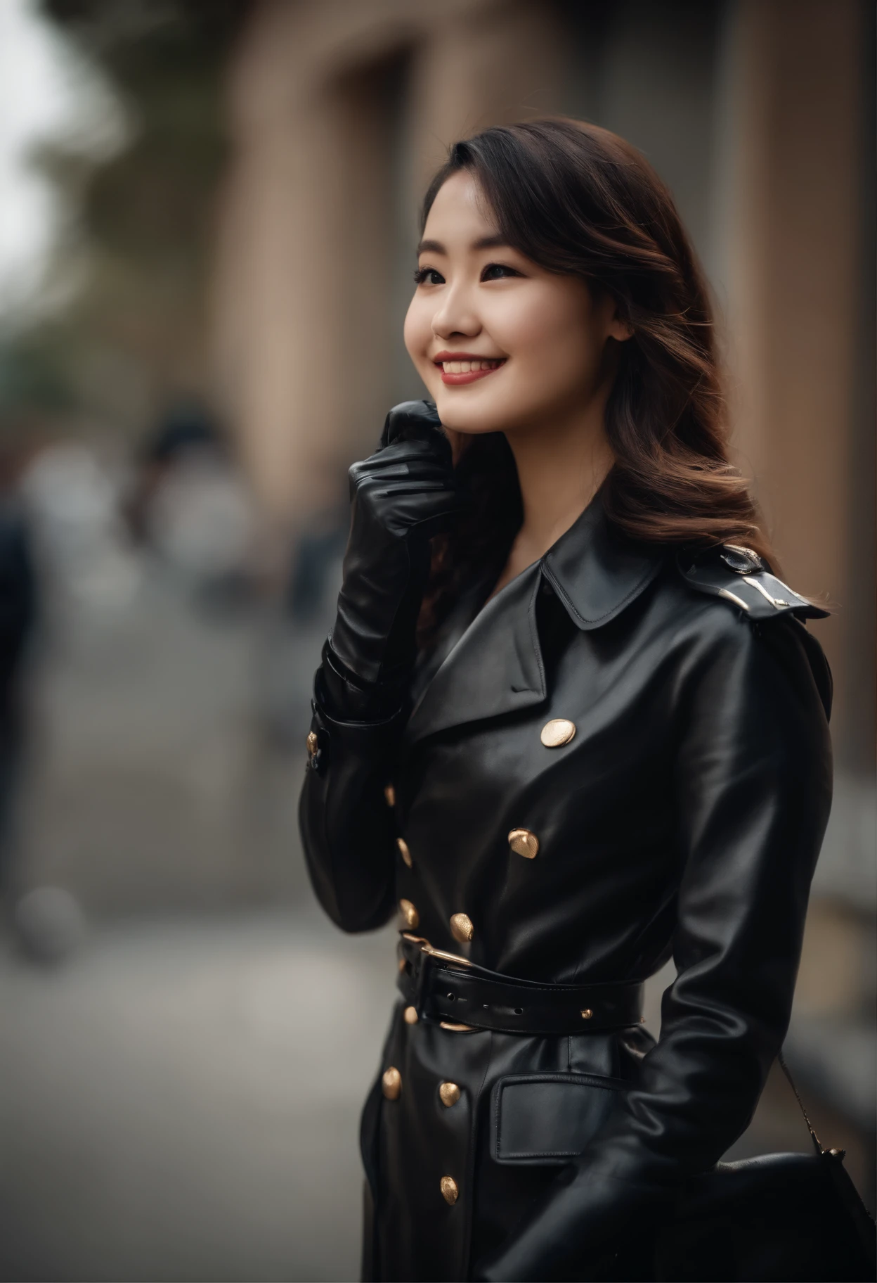 Over the blazer uniform、Black Leather Trench Coat　　Black leather gloves　The upper part of the body　Japan smiling girl black leather