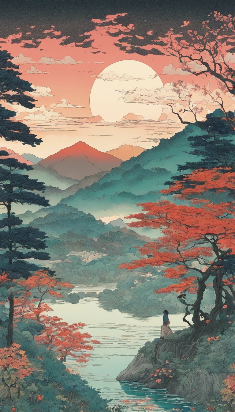 Produce an excellent, best, masterpiece quality woodblock print that is and that captures the essence of A romantic couple in a dreamy, pastel-colored Ghibli-style meadow, reminiscent of Nausicaa's journey. Man and woman in their 30s floating away in the middle of forest, filled with scattered sunflower and forest animal. The setting is at dusk. The viewer's perspective is set beyond two gently rolling hills, framing the foreground with a sense of depth and immersion. Employ the distinct qualities of a woodblock print, drawing on elements such as ukiyo-e aesthetics, delicate line work, vibrant color usage, and an emphasis on capturing the ephemeral beauty of nature and fleeting moments. Ensure that the composition evokes the calmness of the forest with lake or river. Prioritize balance, harmony, and an emotional connection in your interpretation.