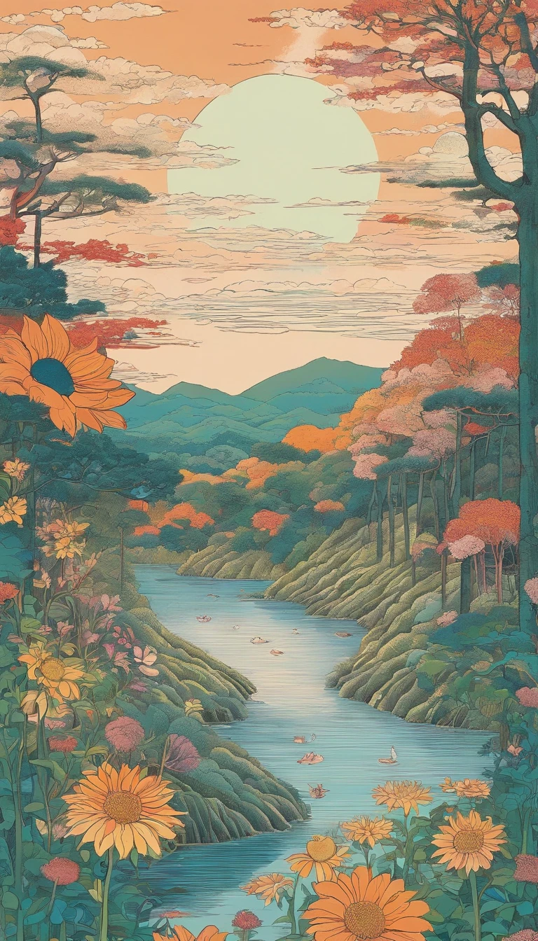 Produce an excellent, best, masterpiece quality woodblock print that is and that captures the essence of A romantic couple in a dreamy, pastel-colored Ghibli-style meadow, reminiscent of Nausicaa's journey. Man and woman in their 30s floating away in the middle of forest, filled with scattered sunflower and forest animal. The setting is at dusk. The viewer's perspective is set beyond two gently rolling hills, framing the foreground with a sense of depth and immersion. Employ the distinct qualities of a woodblock print, drawing on elements such as ukiyo-e aesthetics, delicate line work, vibrant color usage, and an emphasis on capturing the ephemeral beauty of nature and fleeting moments. Ensure that the composition evokes the calmness of the forest with lake or river. Prioritize balance, harmony, and an emotional connection in your interpretation.