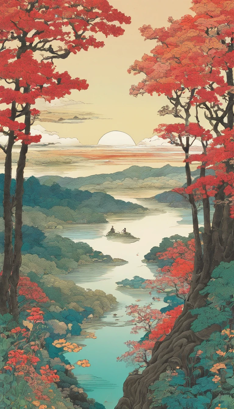 Produce an excellent, best, masterpiece quality woodblock print that is and that captures the essence of A romantic couple in a dreamy, pastel-colored Ghibli-style meadow, reminiscent of Nausicaa's journey. Man and woman in their 30s floating away in the middle of forest, filled with scattered sunflower and forest animal. The setting is at dusk. The viewer's perspective is set beyond two gently rolling hills, framing the foreground with a sense of depth and immersion. Employ the distinct qualities of a woodblock print, drawing on elements such as ukiyo-e aesthetics, delicate line work, vibrant color usage, and an emphasis on capturing the ephemeral beauty of nature and fleeting moments. Ensure that the composition evokes the calmness of the forest with lake or river. Prioritize balance, harmony, and an emotional connection in your interpretation.