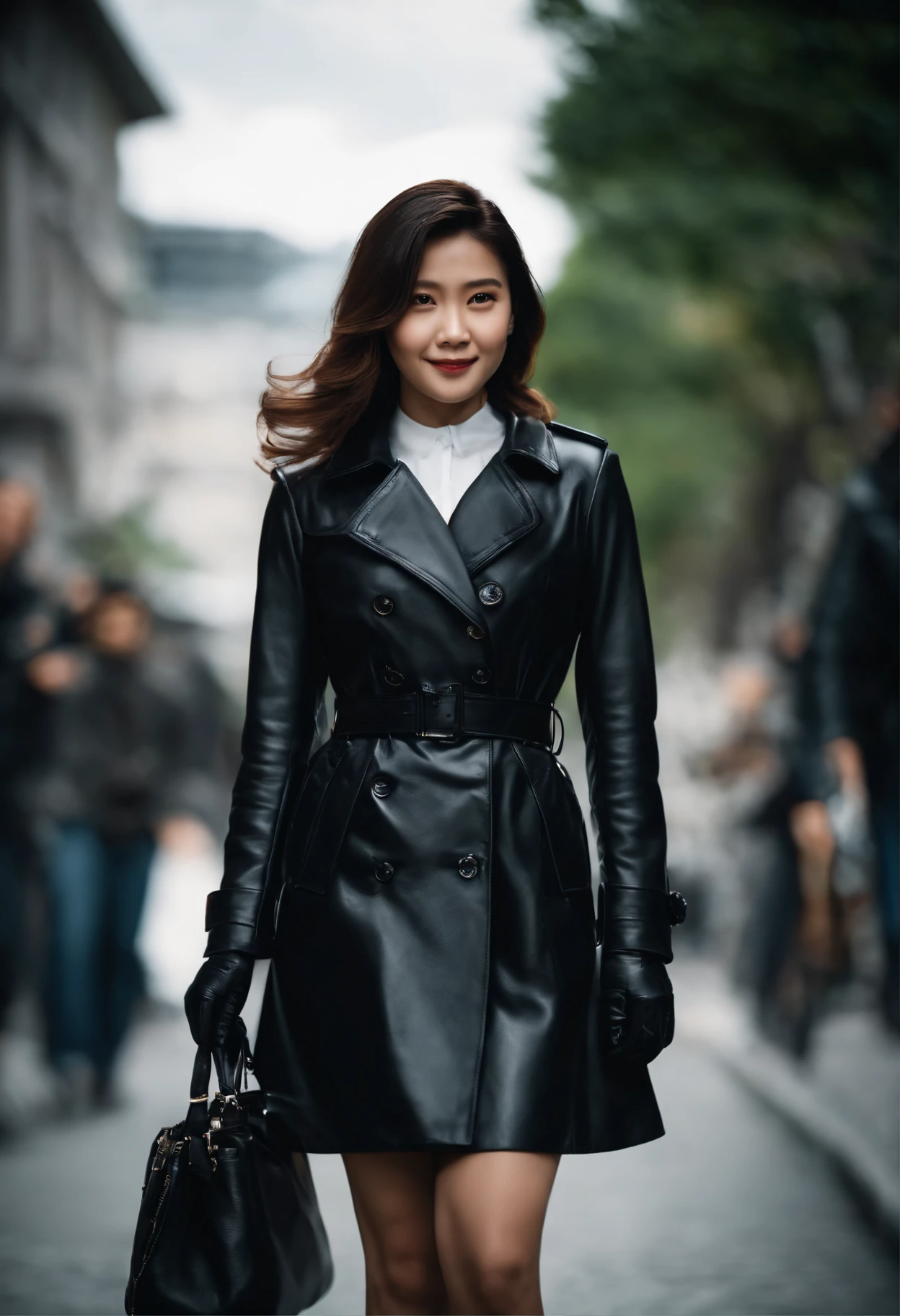 Over the blazer uniform、Black Leather Trench Coat Black leather gloves The upper part of the body Japan smiling girl black leather