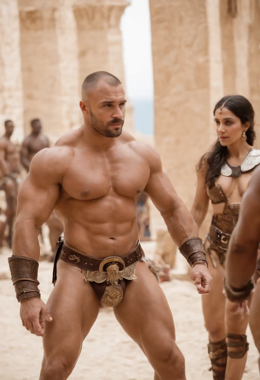 Several huge bodybuilders are wearing only a bikini in their naked body is adorned with gladiator-type accessories like Harness and Elmo, his face is similar to that of the actor François Sagat , They kiss romantically inside a luxurious palace, Arms at the side of the body in heroic pose, nenhuma mulher, corpo inteiro