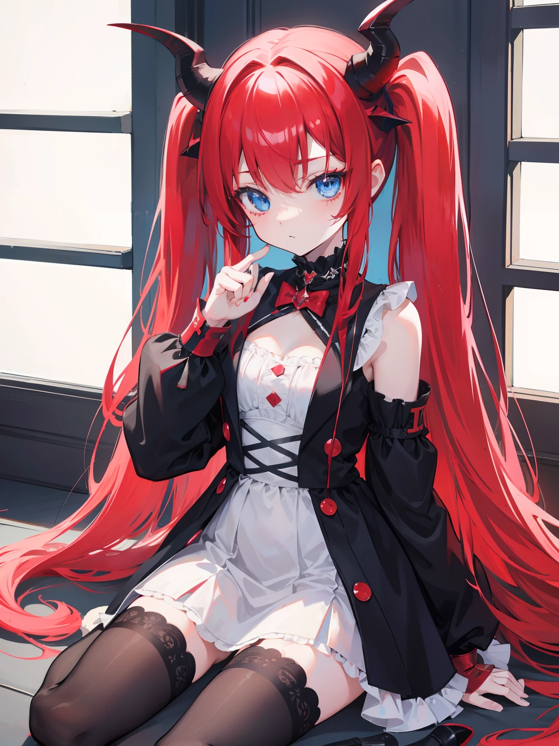 Red hair,Blue eyes,Twintails, Long hair, Solo, Loli, Black stockings,{{Best quality}}, {{Masterpiece}}, {{Ultra-detailed}}, {illustration}, {Detailed light}, {An extremely delicate and beautiful},Little girl,Cute,Succubus, demon,Horns