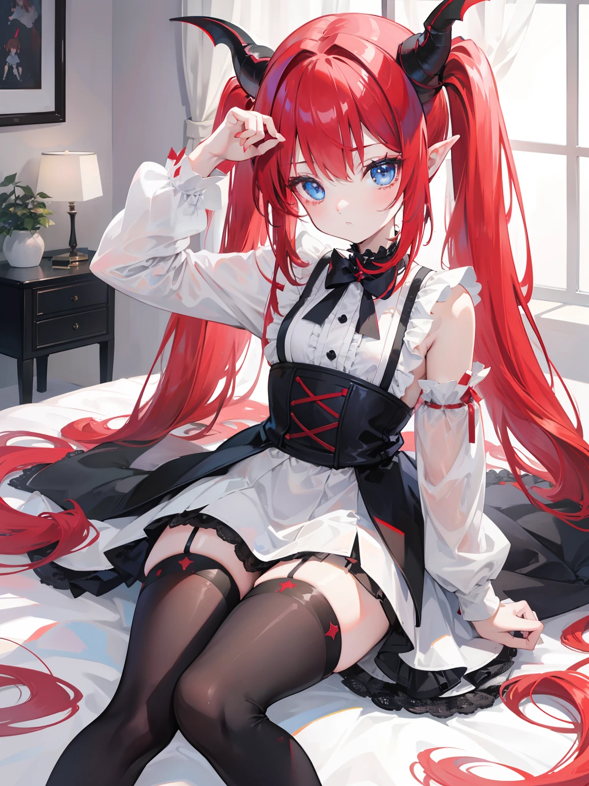 Red hair,Blue eyes,Twintails, Long hair, Solo, Loli, Black stockings,{{Best quality}}, {{Masterpiece}}, {{Ultra-detailed}}, {illustration}, {Detailed light}, {An extremely delicate and beautiful},Little girl,Cute,Succubus, demon,Horns