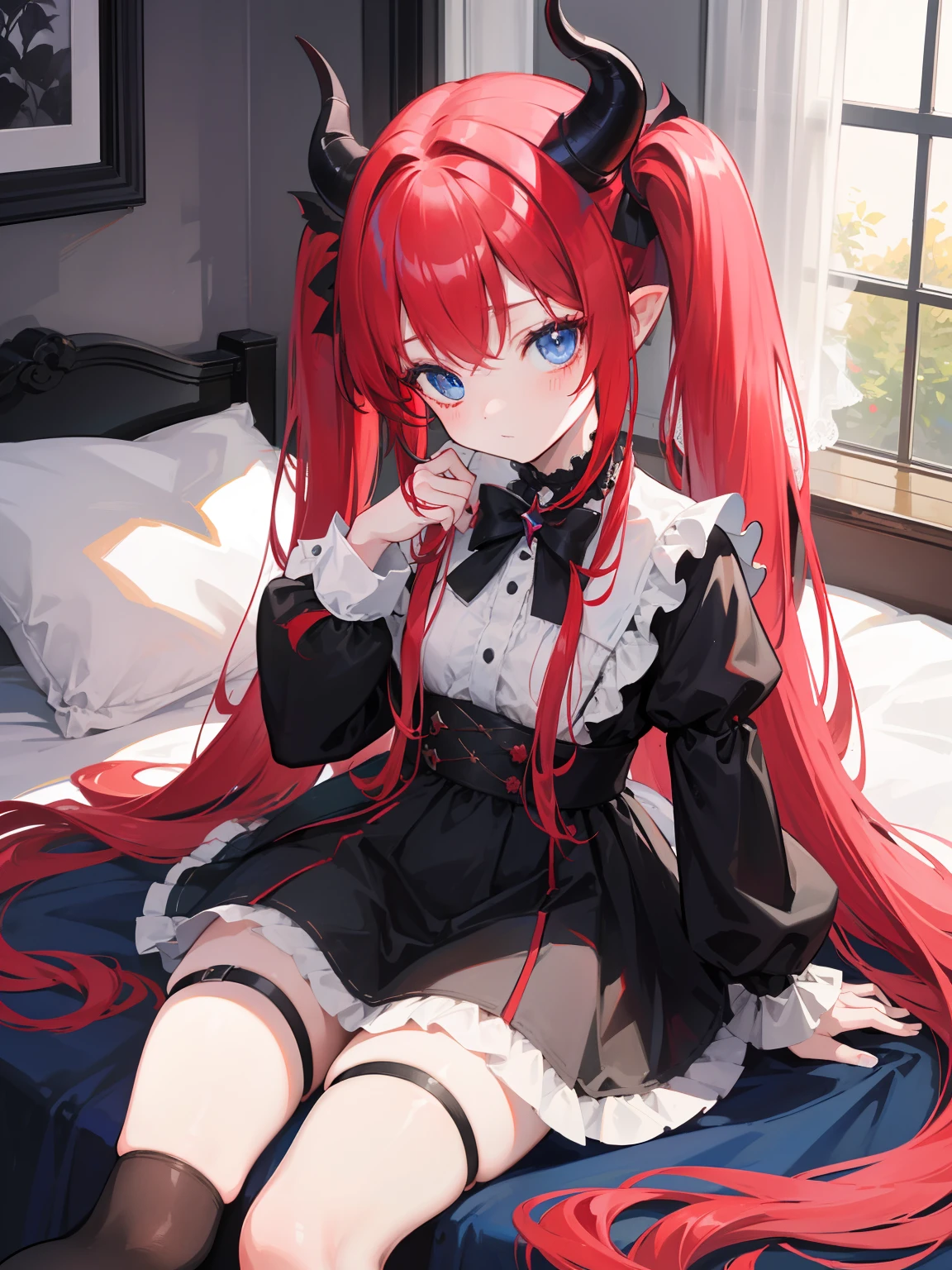 Red hair,Blue eyes,Twintails, Long hair, Solo, Loli, Black stockings,{{Best quality}}, {{Masterpiece}}, {{Ultra-detailed}}, {illustration}, {Detailed light}, {An extremely delicate and beautiful},Little girl,Cute,Succubus, demon,Horns