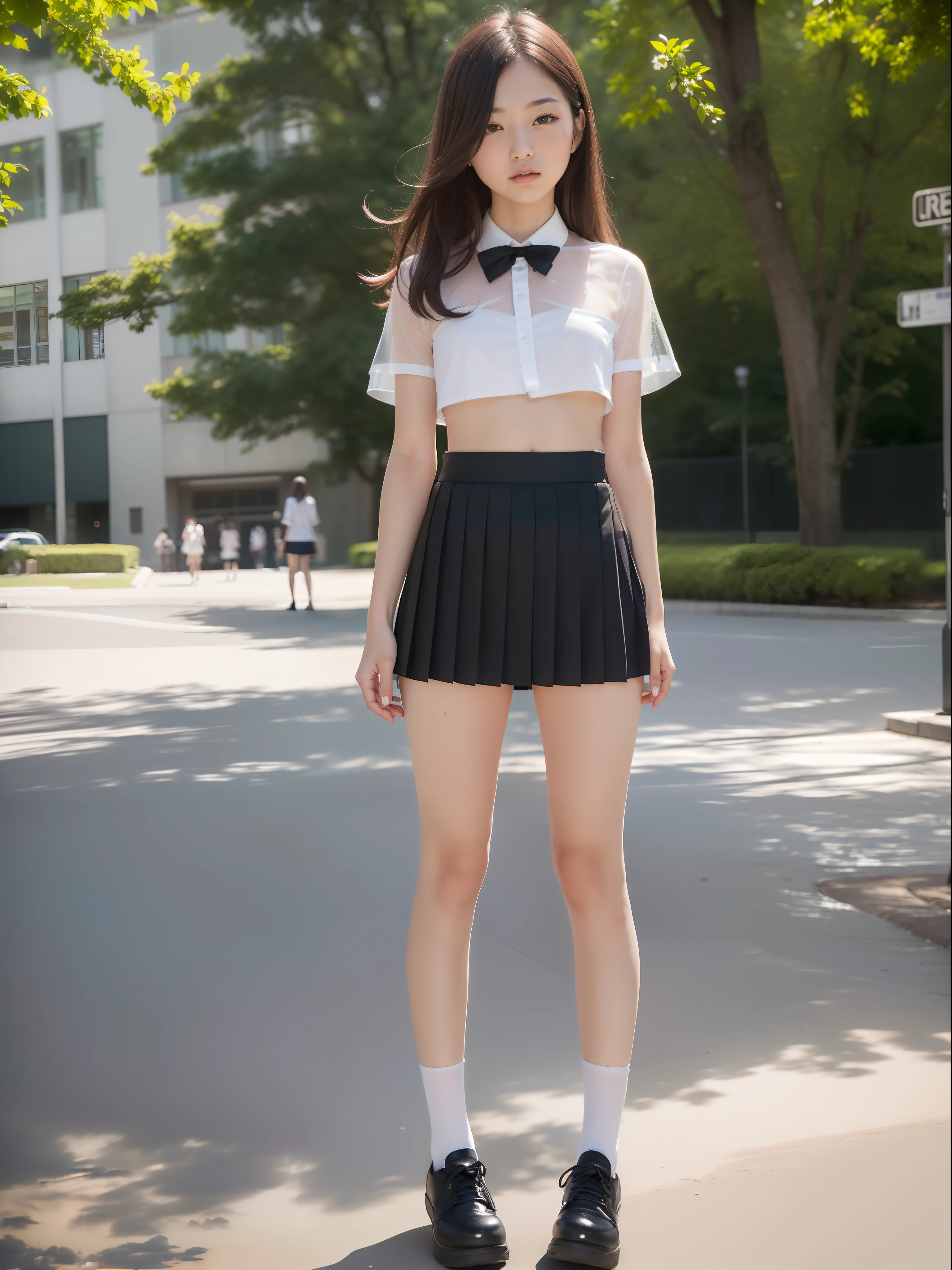 18 Year Old Woman, Long hair, Raw photo, Bokeh (Realism: 1.4, Realistic), high-definition CG unified 8K wallpapers, 1girl in, ((Slim body: 1)), (Small breasts: 1), Back to viewers, ((Direct view from the front)), (HQ Skin: 1.4), 8K UHD, Digital SLR, Soft light, High quality, Film grain, FujifilmXT3, ((School uniform, Short skirt,See-through open skirt:1.5)), ((plein air, on the park))) jangjoo, Portrait,((Layered short haircuts, Black Hire,tiny chest:1.2)),(Looking at Viewer:1.4),(Full body:1.8),Detailed face,undergarment,crouching down