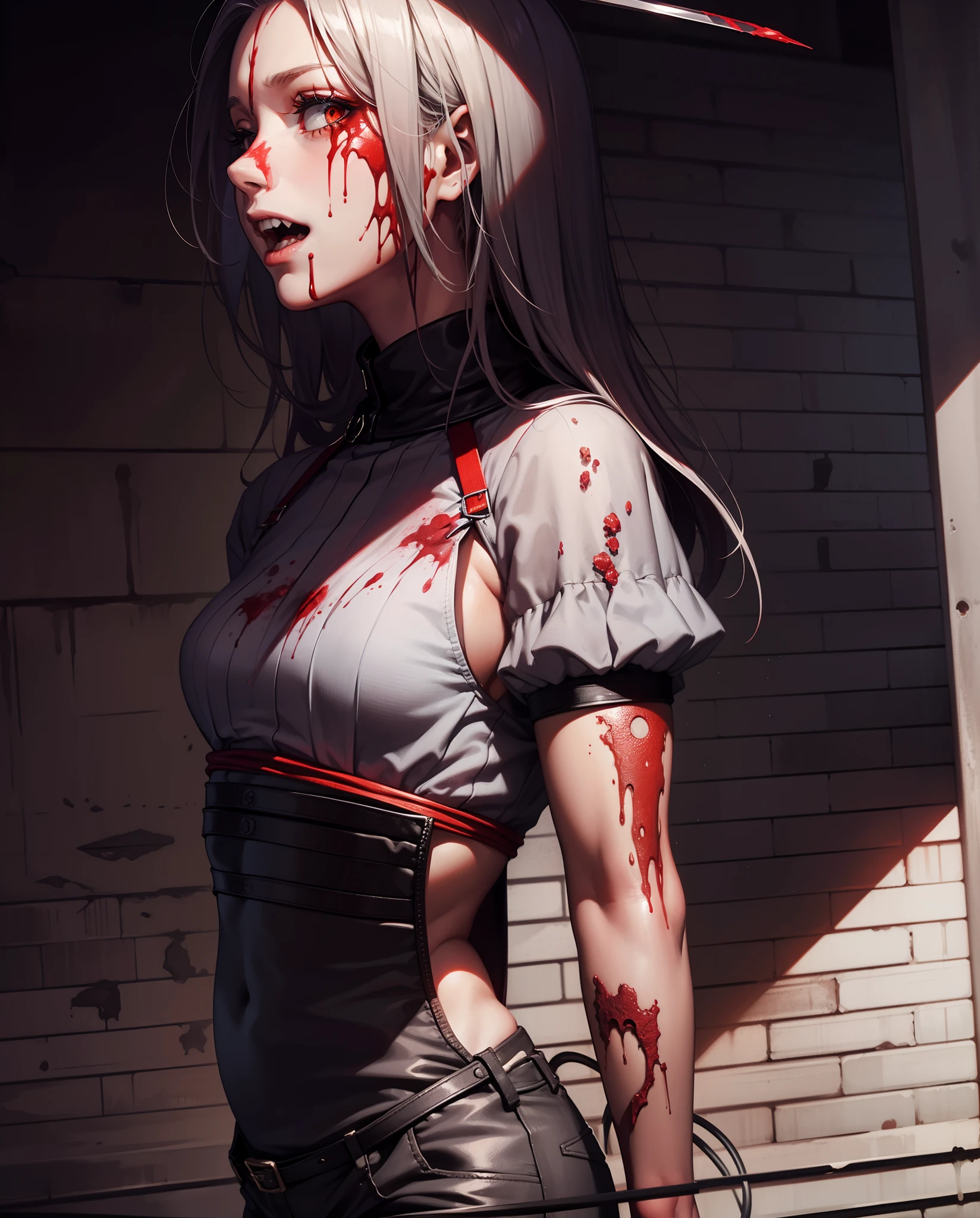 ((8K:1.4)), Impeccable, acurate, (hight resolution:1.2), (higly detailed), hiquality, (tmasterpiece:1.8), The girl pulls out her sword, (dark-skin:1.8) (injured:1.2)), ((rusty_fingernails_in_Skin)), (agony), (icy:1.2), (Camouflage top:1.2)), (long disheveled gray hair), (Red_sclera:1.2), ((Blurred flesh and blood)), (the madhatter_Smile:1.2), (Blood covers the face:1.6), There is blood all around, (blood on the clothes:1.2), ((blood vessels:1.2))), (((Internal organs:1.2))), Trauma to the oral cavity, scar, (cuts_UPON_Skin:1.2), blood on the lips, ((anatomically accurate:1.6)), Very wide open mouth, (Body horror:1.2), (purple dress:1.2), Features of the monster:1.2), Monster Face, (((Devil's Eyes:1.6))), (sharp teeth),The Sword of the Demon,White Backgrouni Wash Style,Red-eyed,white tshirt,black shorts