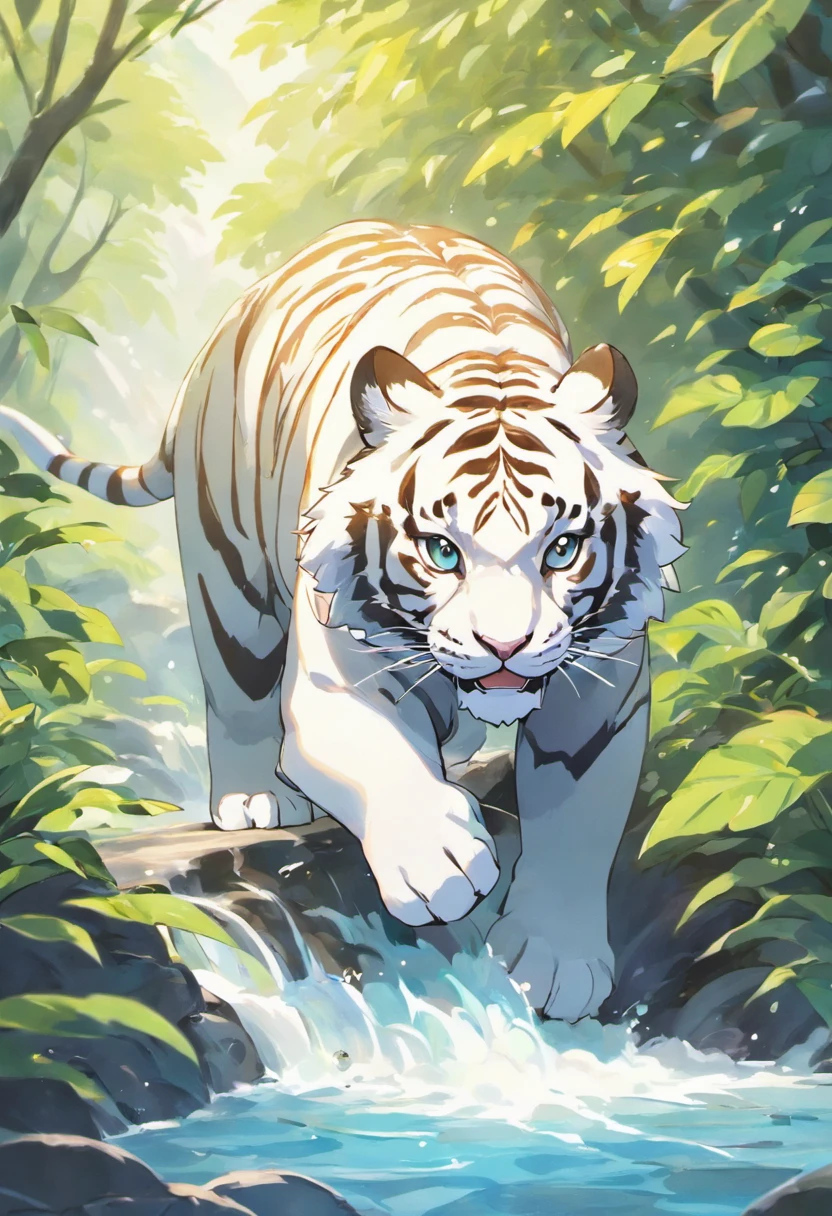 White is the main color of the animal，White tiger，The black eyes shine，Posture of descending the mountain，The tiger movement exudes majesty，There is a sense of domineering，The tiger is a little wrapped in the water element，The background is mountainous。