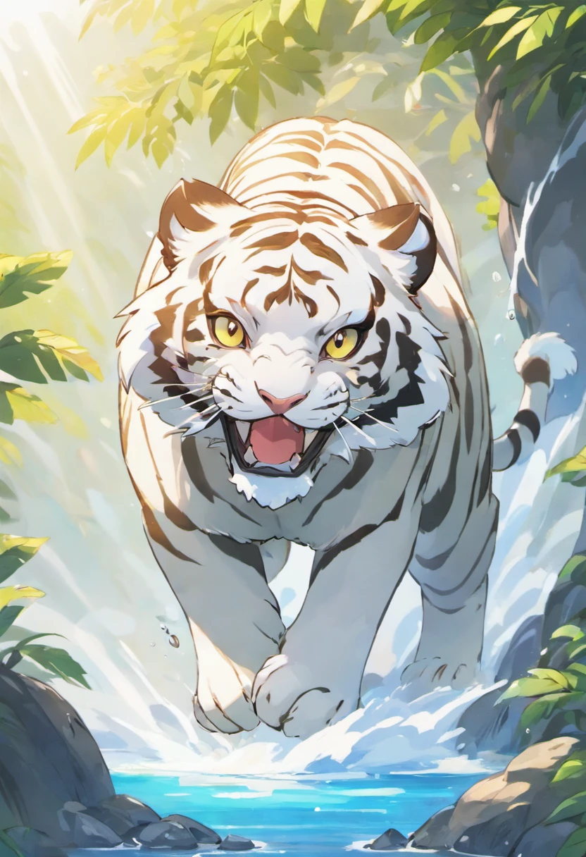 White is the main color of the animal,White tiger,The black eyes shine,Posture of descending the mountain,The tiger movement exudes majesty,There is a sense of domineering,The tiger is a little wrapped in the water element,The background is mountainous。