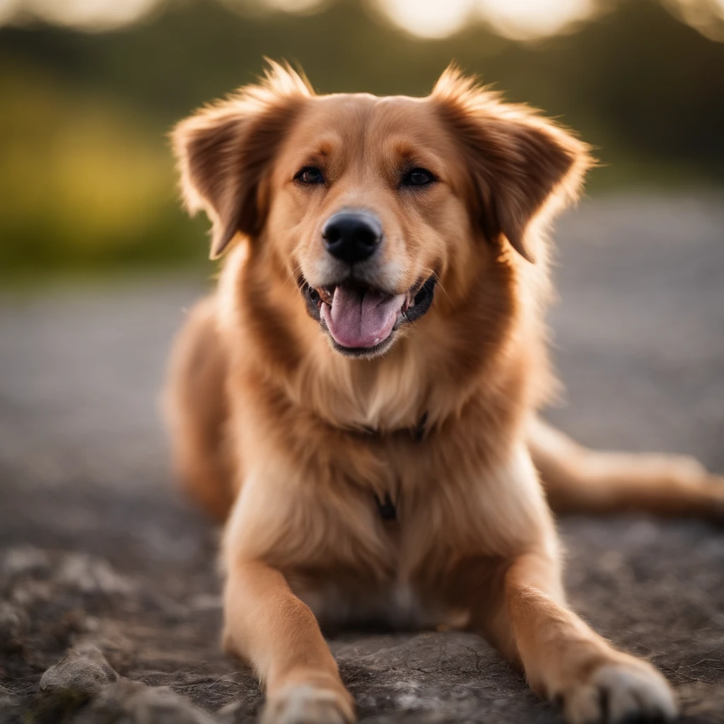 photo of a happy dog's face, sunset, 80mm, f/1.8, dof, bokeh, depth of field, subsurface scattering, stippling