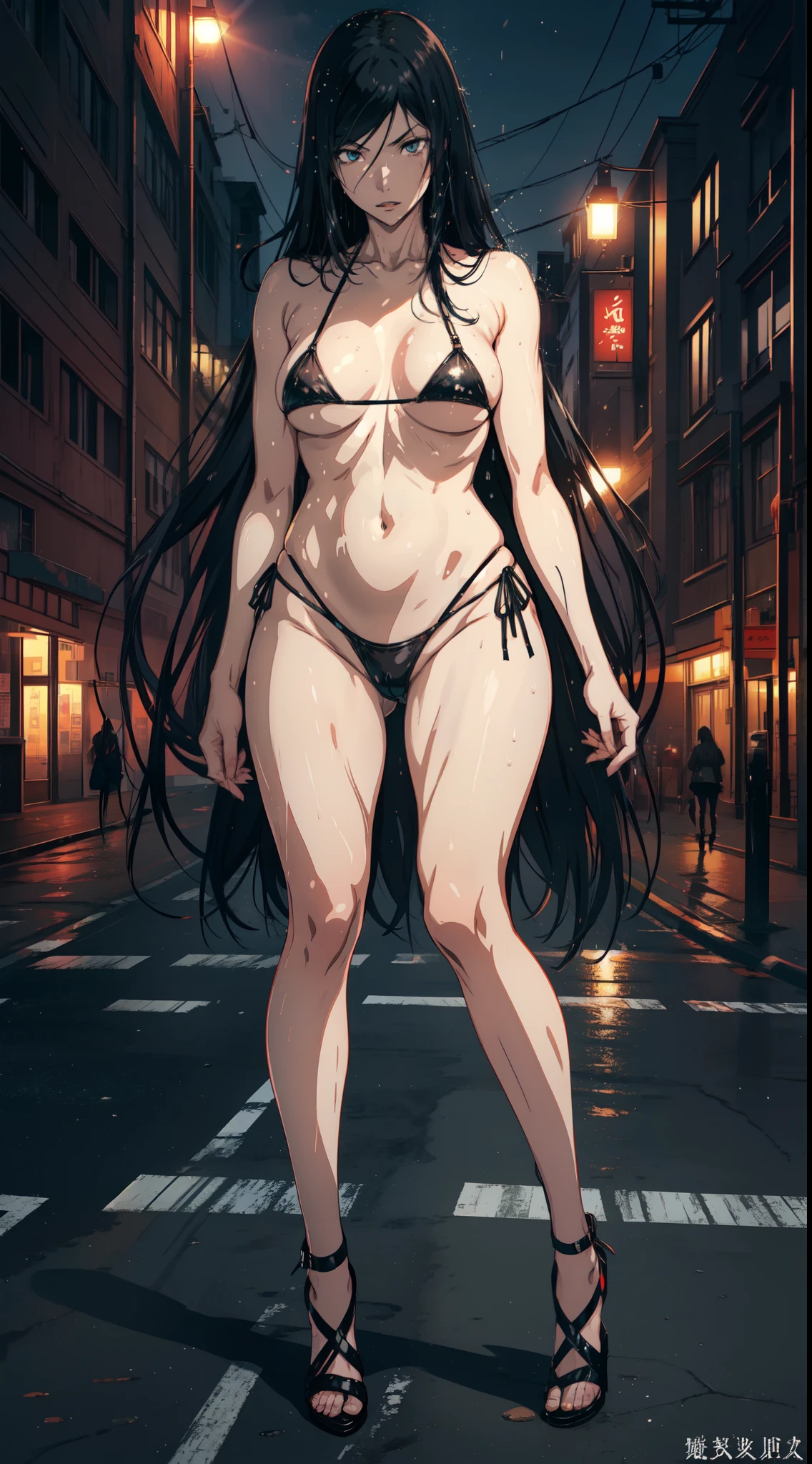 Kurihara Mari from prison school,  night, black long hair, blue eyes, wearing slingshot bikini, sitting on the City street, wet street,wet body, full body view legs wide, dynamic pose, joyful expression, heels,