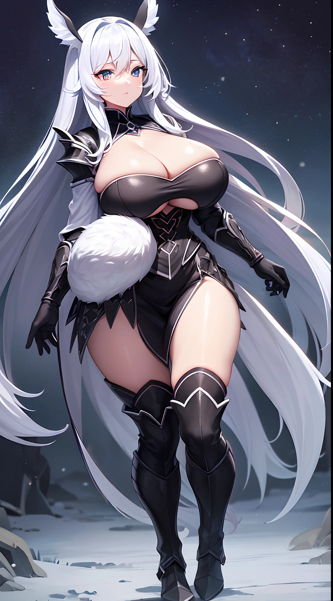 (gigantic cleavage breasts:1.2),European knights,Black crystal armor,Black crystal boots,Black crystal gloves,Full body like,Stand under the night of the aurora,Walk in the wilderness,white backgrounid,simplebackground