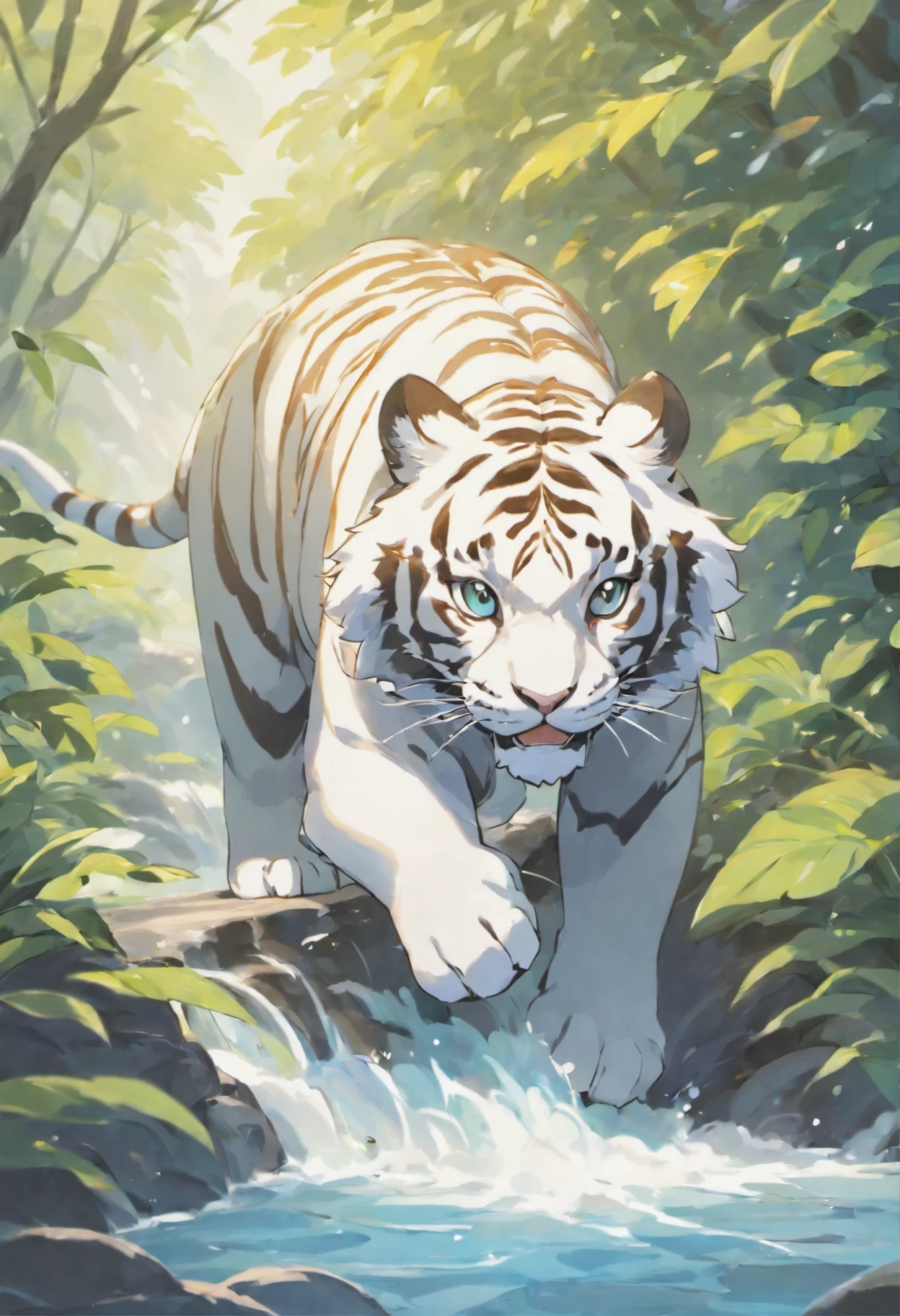 White is the main color of the animal,White tiger,The black eyes shine,Posture of descending the mountain,The tiger movement exudes majesty,There is a sense of domineering,The tiger is a little wrapped in the water element,The background is mountainous。