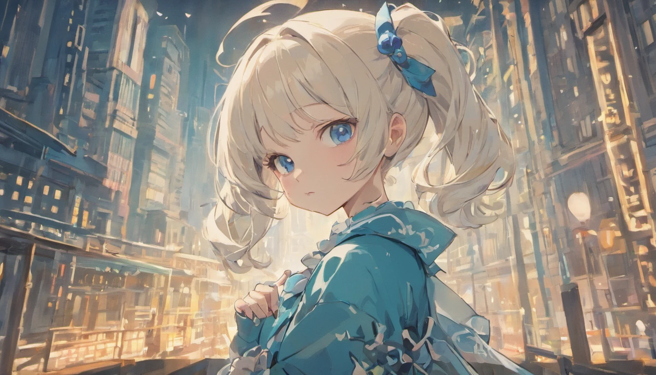 White color hair,Double ponytail curls,blue color eyes,White ta,Beth,busy cityscape,sad