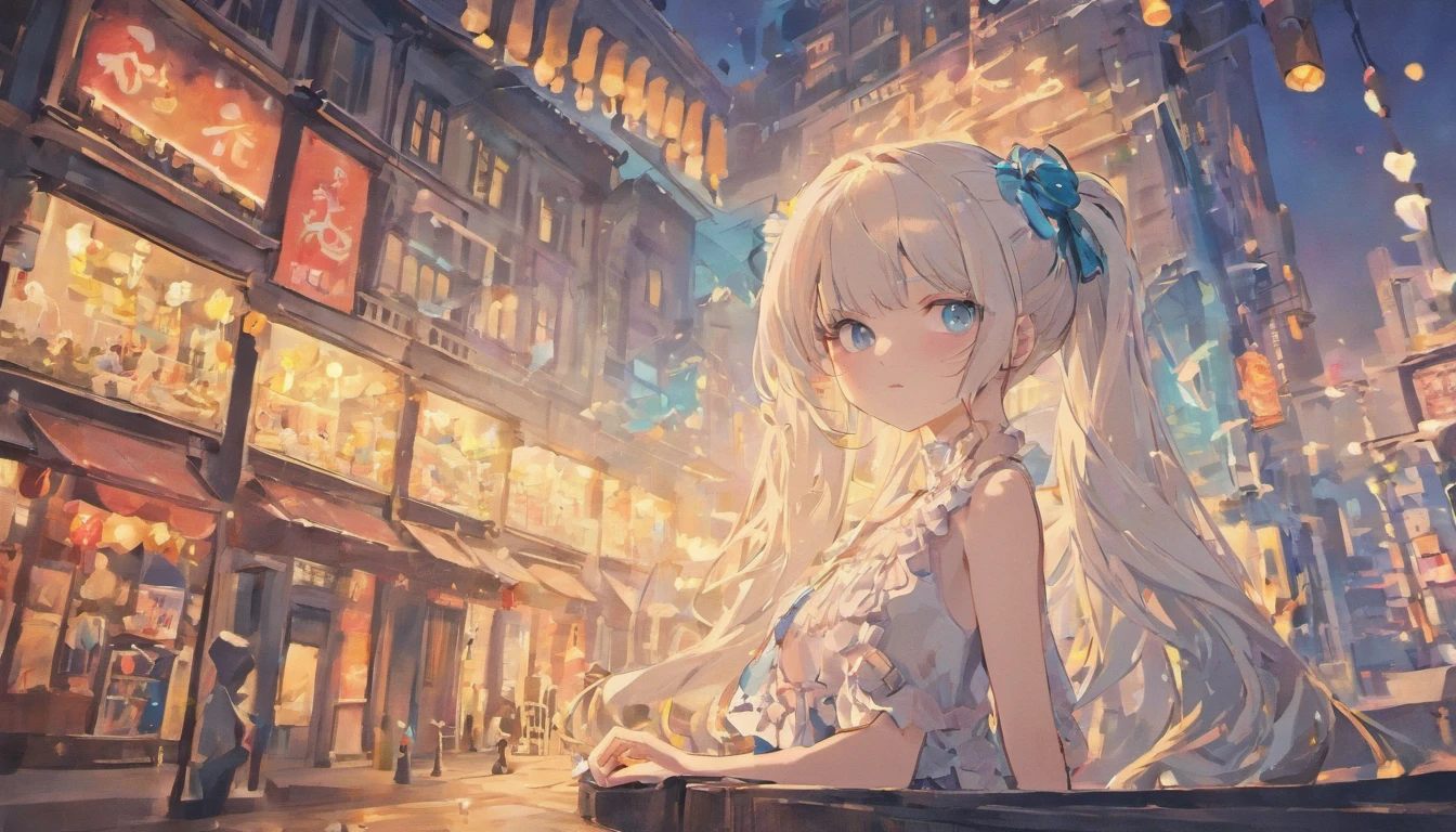 White color hair,Double ponytail curls,blue color eyes,White ta,Beth,busy cityscape,sad