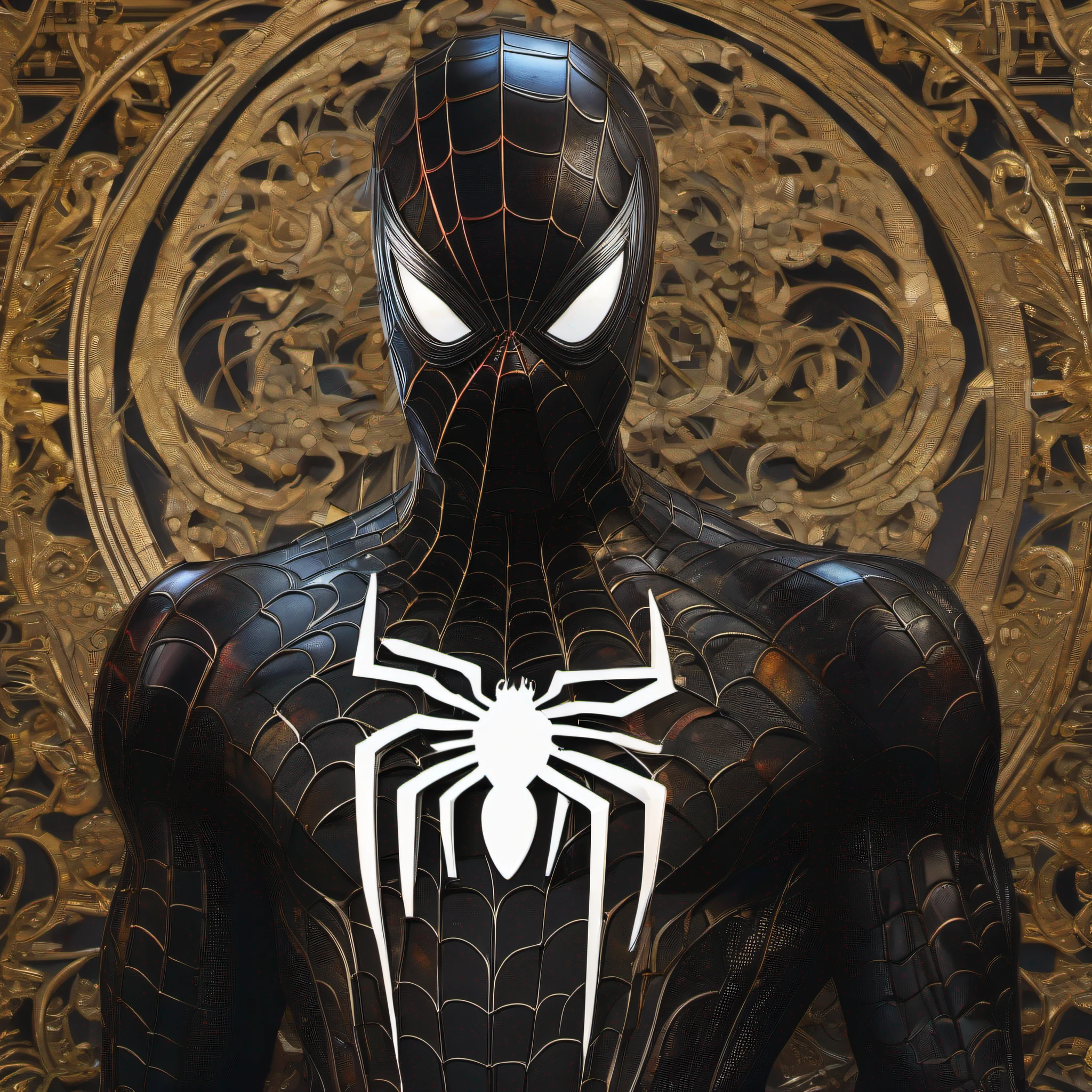 Spider noir spider man painting by James C Christenssen, Taro Okamoto. Gustav Klimt, Donato Giancola, heraldic accents. HDR, UHD 32k. --AR 16:9, --v 5.2