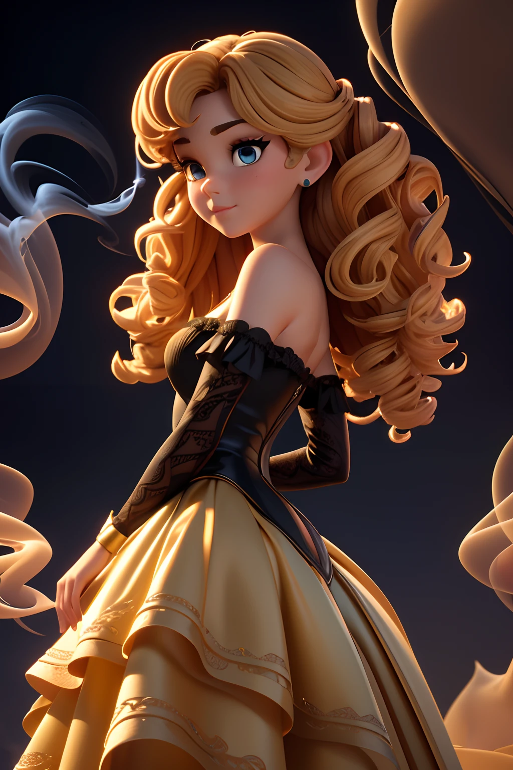 （Masterpiece),((High quality d)),(best beautiful:1.2),(artwork of a),((3D stereoscopic face)),8K,(Disney),A girl with a beautiful face,Yellow curly hair,faint blush,Wearing a black lace top,Stand on a modern stage,Her eyes were focused on the distance,She is a singer,The background is blurry and mysterious,Illuminated by light,Enchanted expression,artistic design,Three-dimensional,Close-up shots,((The side is full of smoke)),