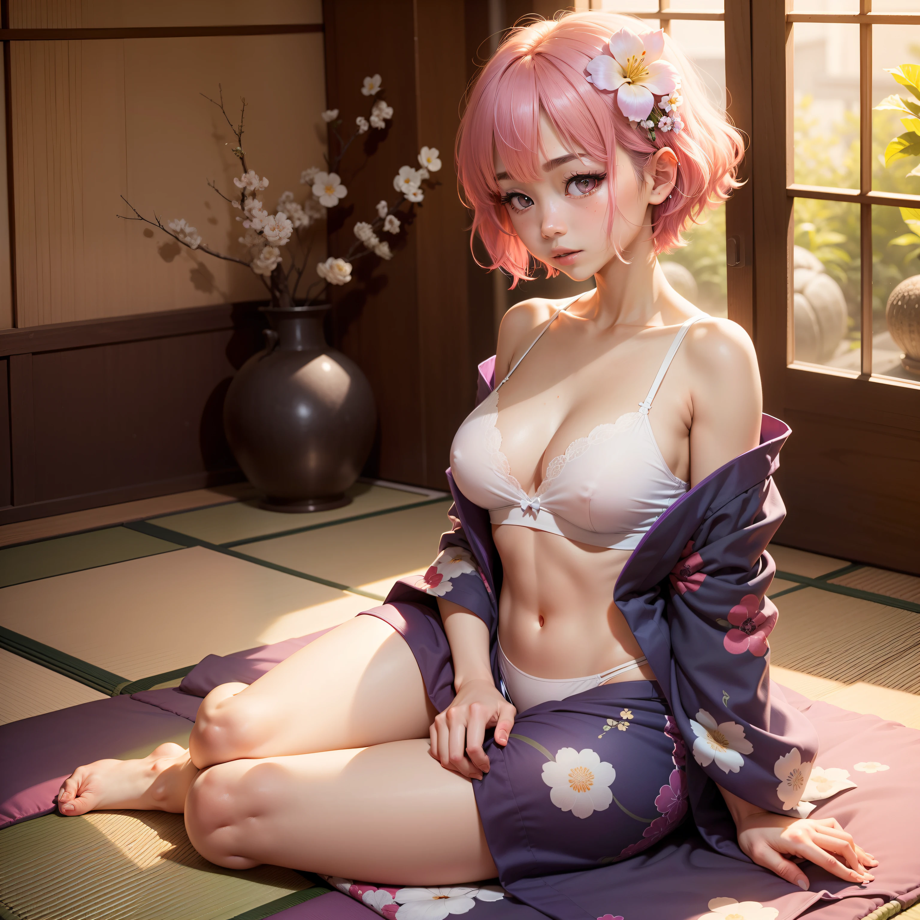 Japanese-style room in the Japan, momohd, phmomo, Solo, 1girl in, Pink hair, Purple eyes, Short hair, Hair Flower, Wearing a yukata, Big eyes, embarrassed,Sleep on tatami mats,bare-legged,Happy,White underwear,Chest exposed,