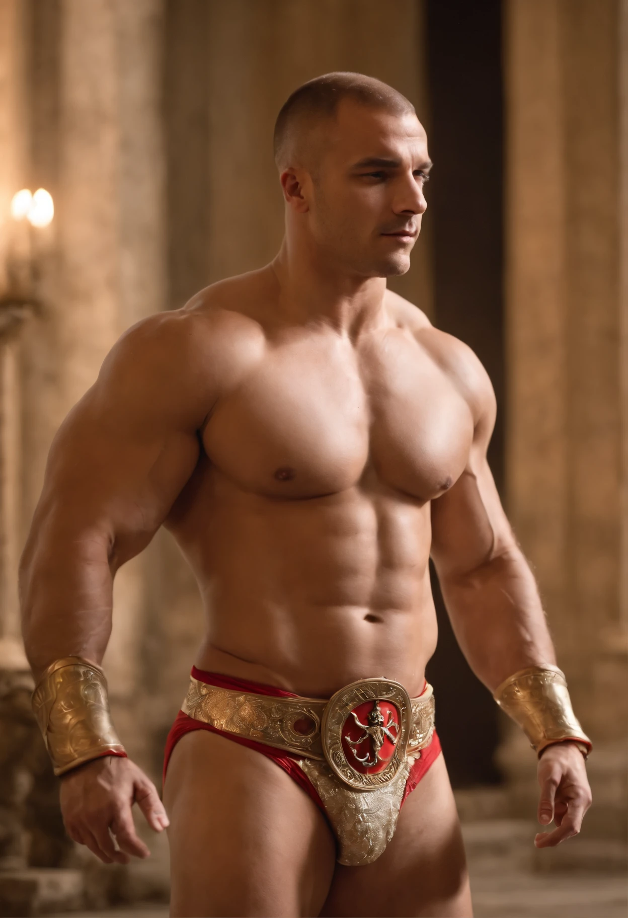 Several huge bodybuilders are wearing only a bikini in their naked body is adorned with gladiator-type accessories like Harness and Elmo, his face is similar to that of the actor François Sagat , They kiss romantically inside a luxurious palace, Arms at the side of the body in heroic pose, nenhuma mulher, corpo inteiro