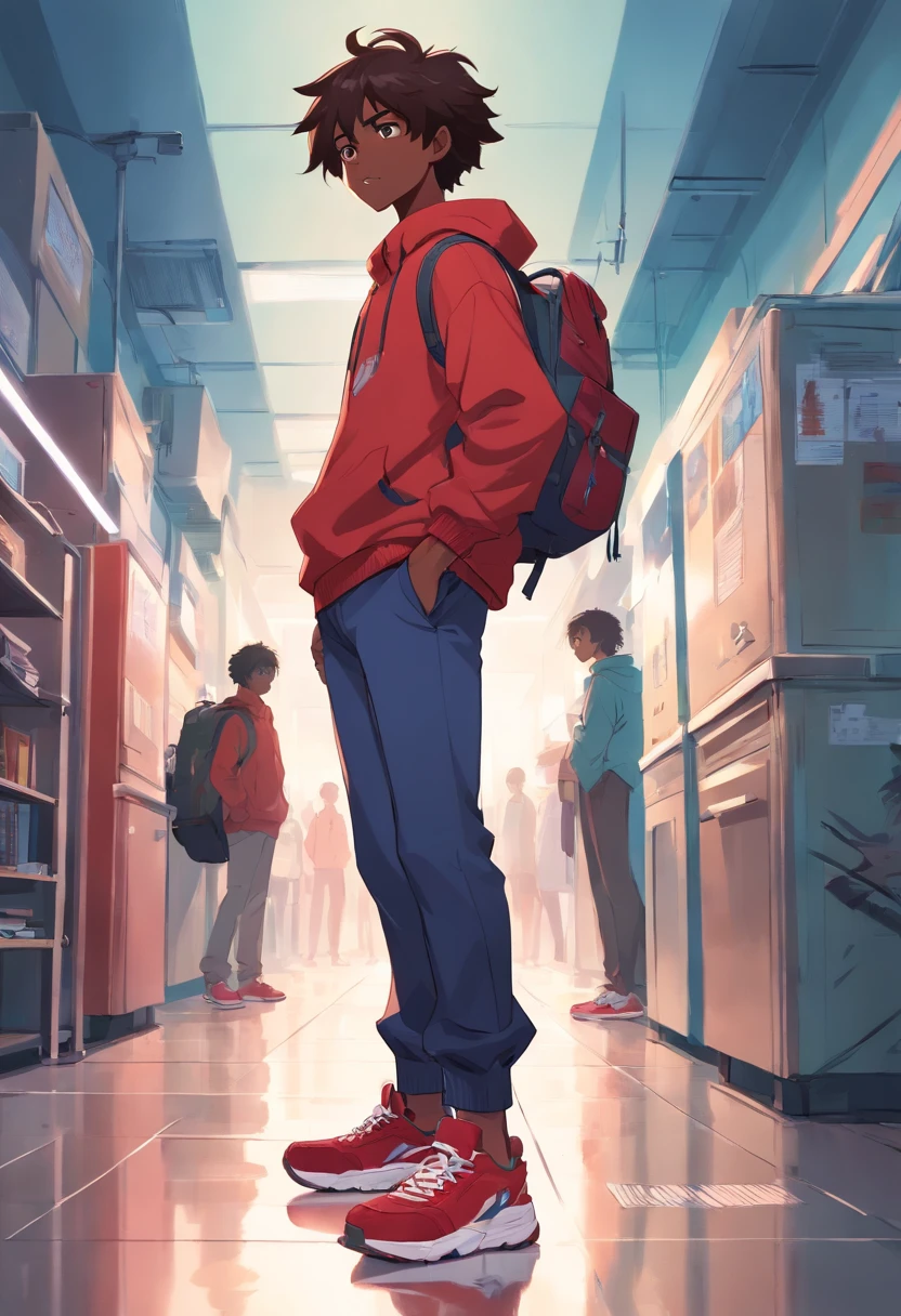 african boy, long hair, red sweater, evil, angry, pants, sneakers, backpack