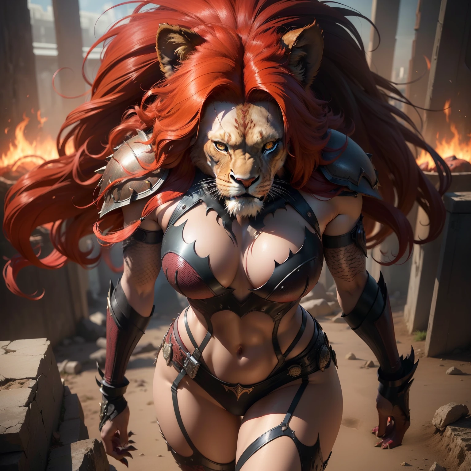 (Best Quality,Ultra-detailed,Realistic:1.37),Ferocious Lion Woman,lion body,Atrocious、brutality、cruel、Red hair like a mane,Alien Symbiote Set,Standing、lion armor、Full body