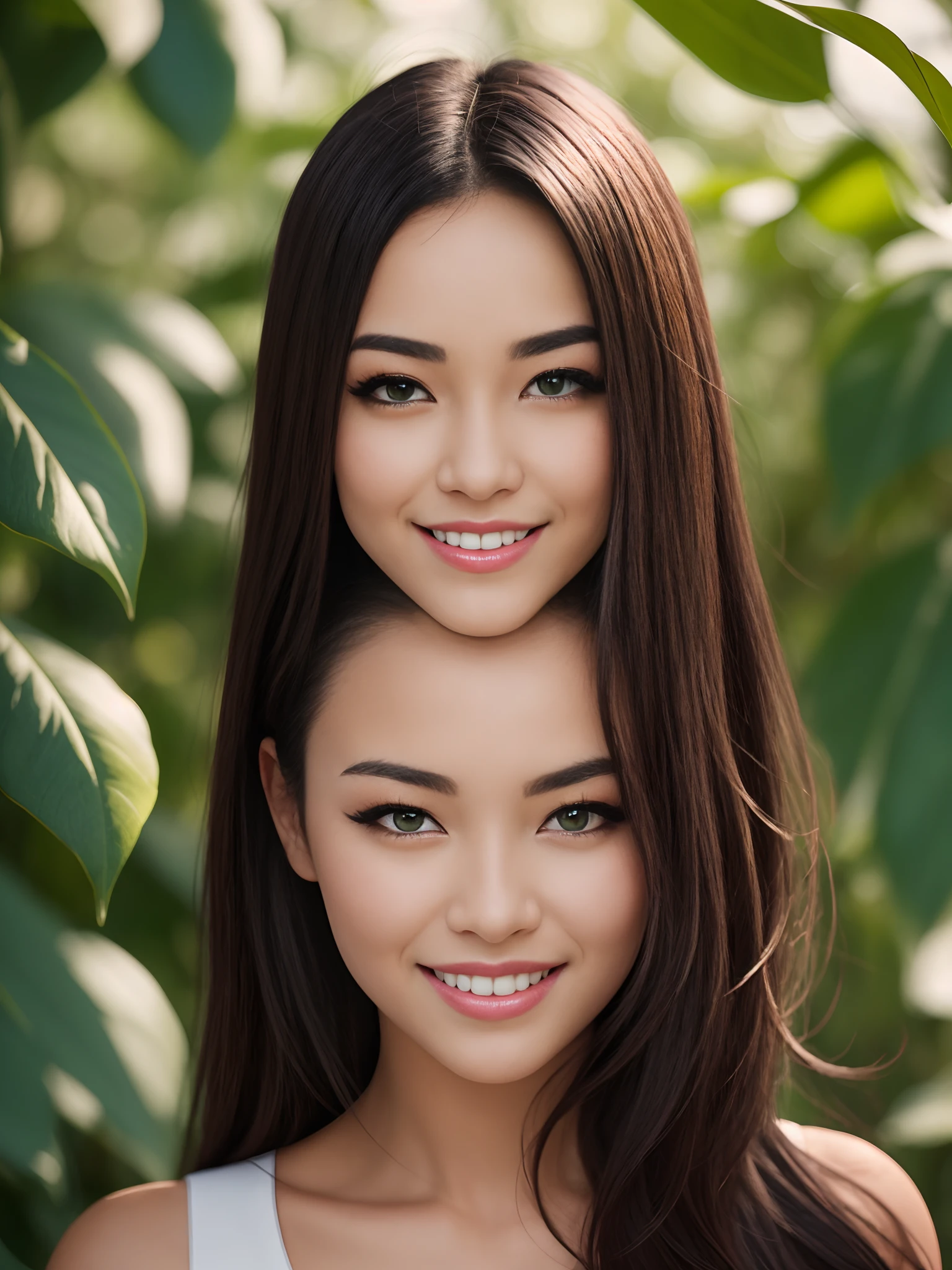 gorgeous woman with black hair and green eyes portrait photo with a background of vegetation she has a smile and has tanned skin