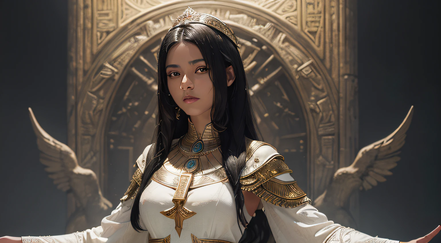 (Numerous award-winning masterpieces, with incredible details, textures and maximum detail), (Ultra photo realsisim:1.4) (best quality real skin texture), a beautiful young woman black hair, white dress standing priestess of ancient Egypt