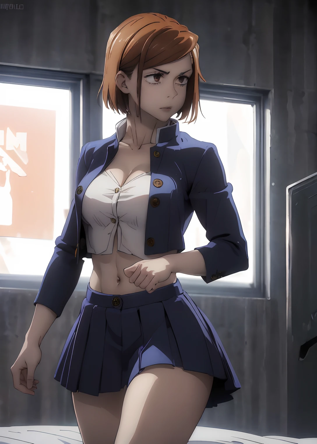 ((top quality, 8k, masterpiece: 1.3, ultra hd, high quality, best quality, high definition, realism)), sharp focus: 1.5, Model Nobara kugisaki with a muscular body, orange eyes, Mole under the outer edge of the eye, Short orange hair, Small breasts, Abs, Arm muscle, Open shirt buttons showing breast cleavage, Open mini skirt, Visible abs, Sexy and seductive pose On Bed, thighs wide open