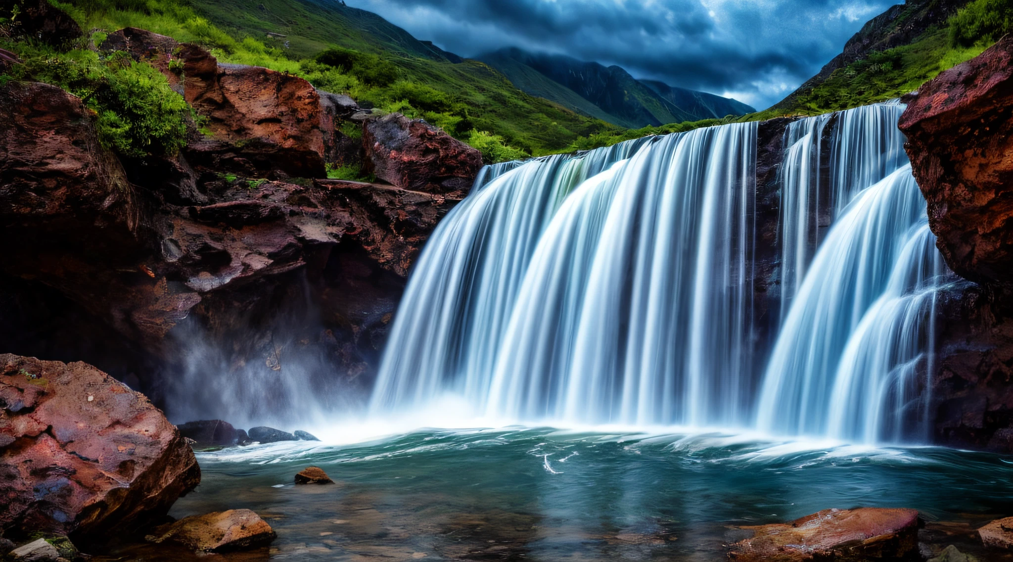 A thunderous waterfall in a rugged, mountainous terrain, stormy skies overhead, the water crashing onto sharp rocks below, a feeling of raw power and danger, Sculpture, carved from marble, capturing the dynamic motion of water