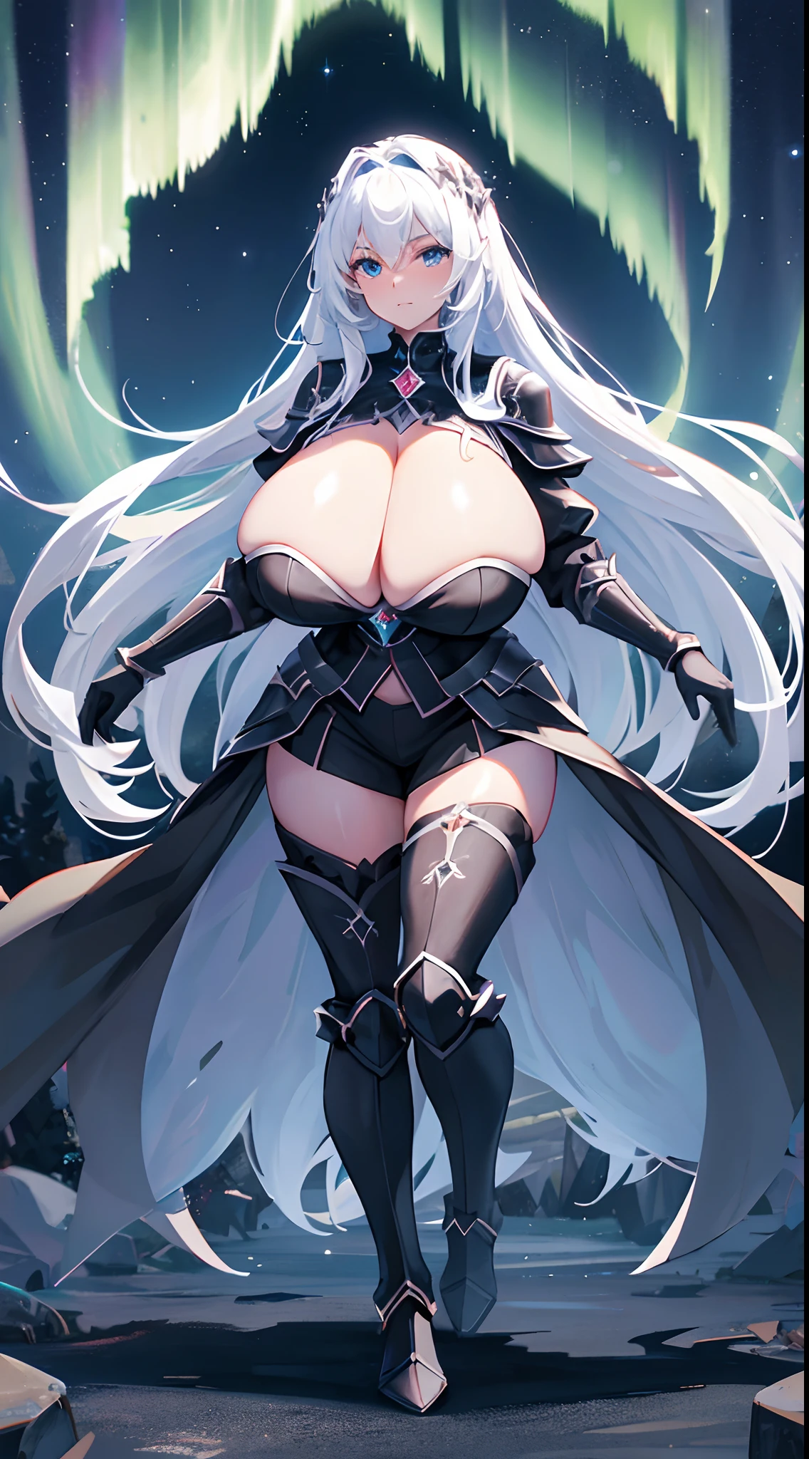 (gigantic cleavage breasts:1.2)，European knights，Black crystal armor，Black crystal boots，Black crystal gloves，Full body like，Stand under the night of the aurora，Walk in the wilderness，white backgrounid，simplebackground
